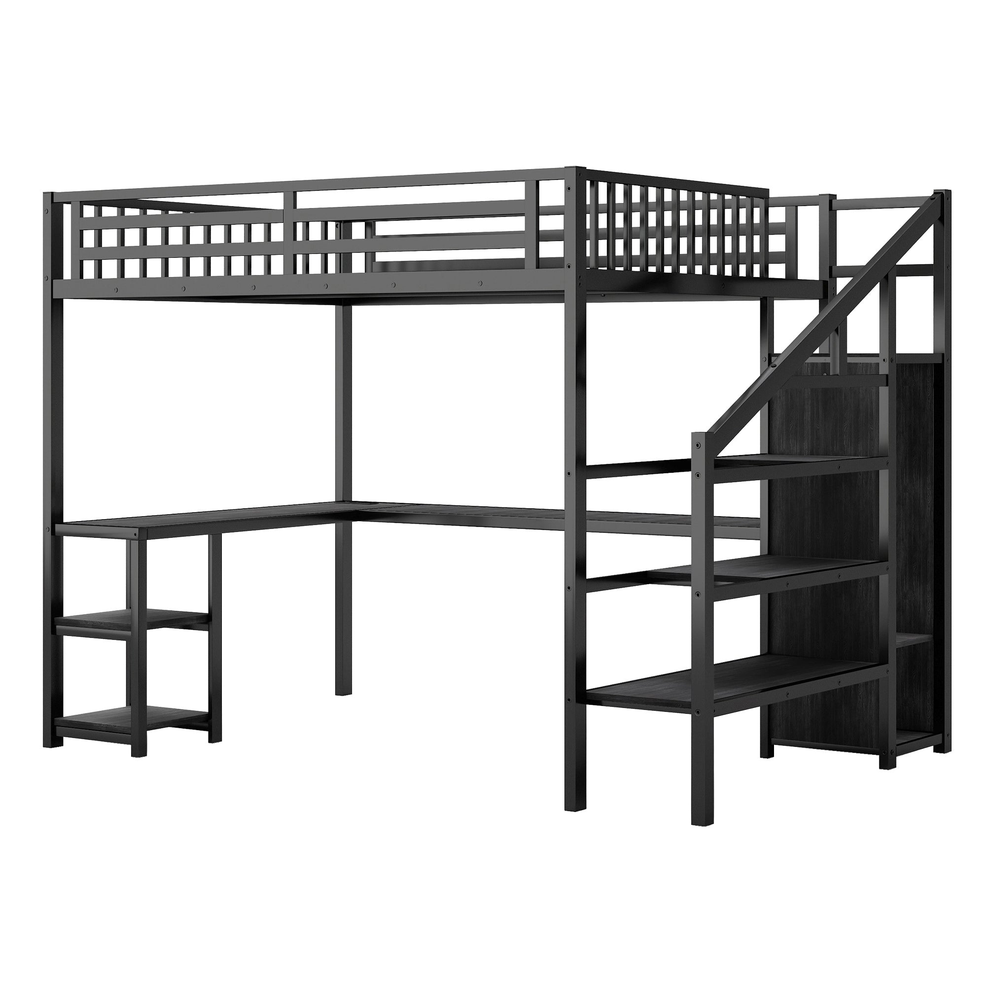 Metal Queen Loft Bed with Wardrobe and LED Light, Queen Size Loft Bed with L Shaped Desk and USB for Kids Teens Adults, Black(Old SKU W2593S00033)