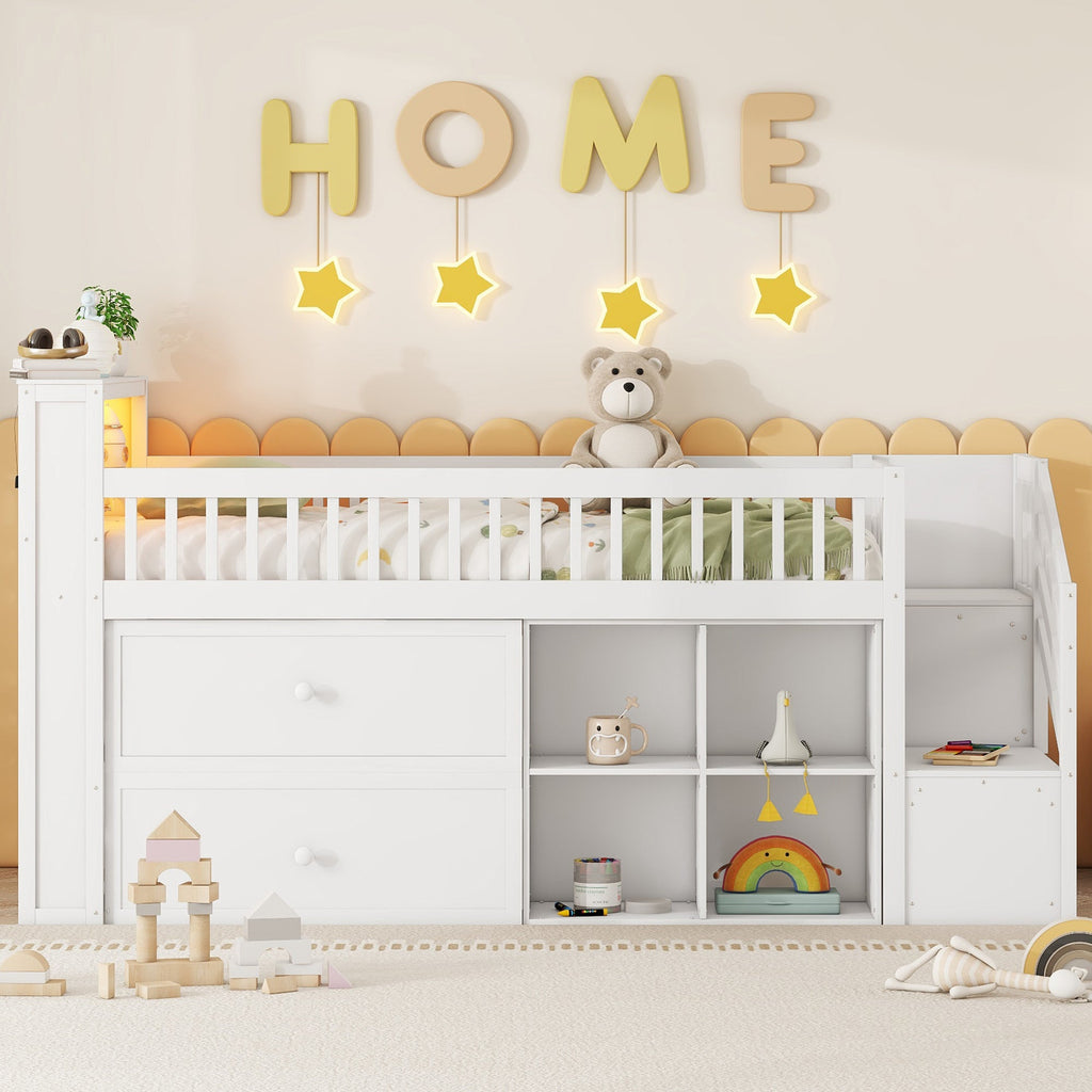 Twin Size Loft Bed with LED and Bookshelf, Wood Low Loft Bed with Stairs, Kids Twin Loft Bed with Storage Drawers and Shelves,White (Expect Arrival Date 2025/1/20)