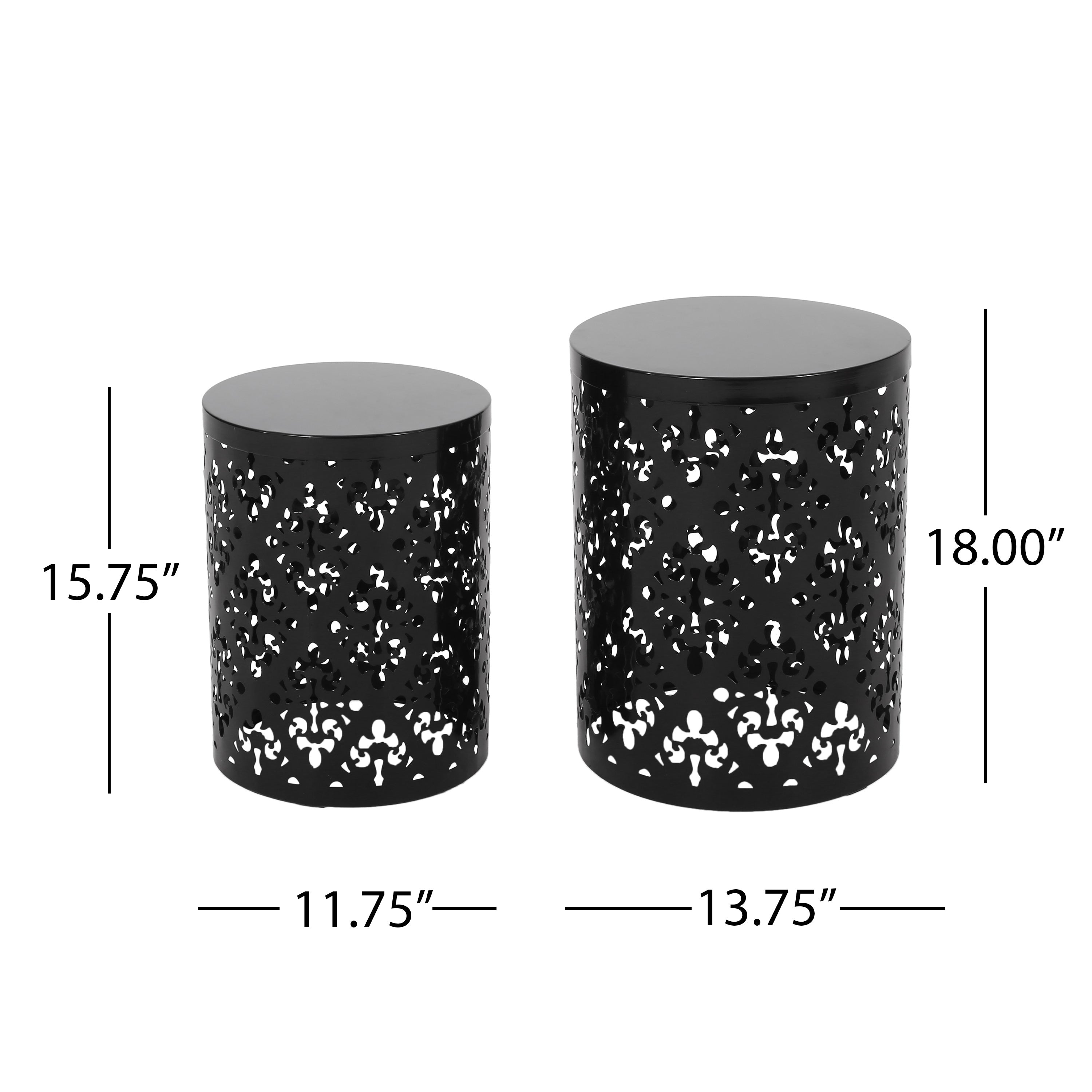 Modern Metal End Table Set of 2 with Iron Cut Design in Black