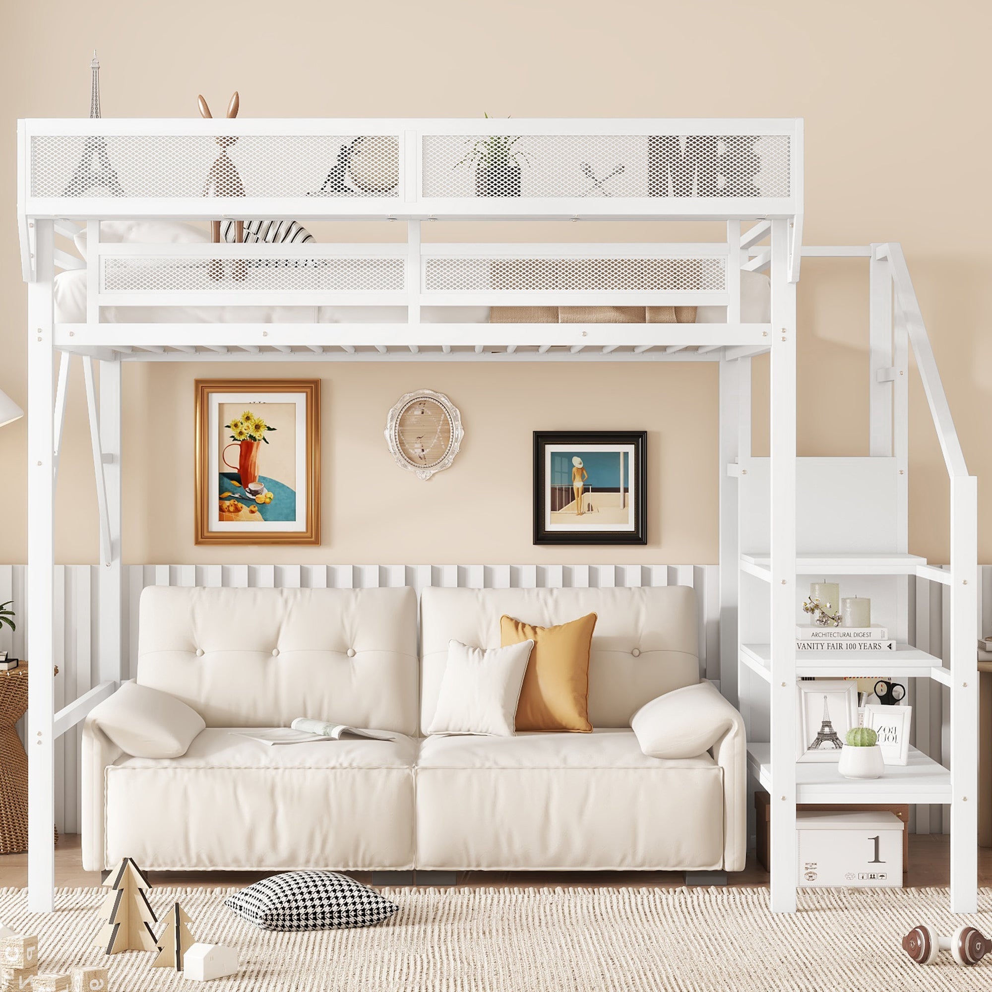 Twin Size Loft Bed with Stairs, Metal Full Loft Bed with Storage Shelves, High Loft Bed with Wardrobe for Kids Teens,White(Expect Arrival Date 2025/9/22)