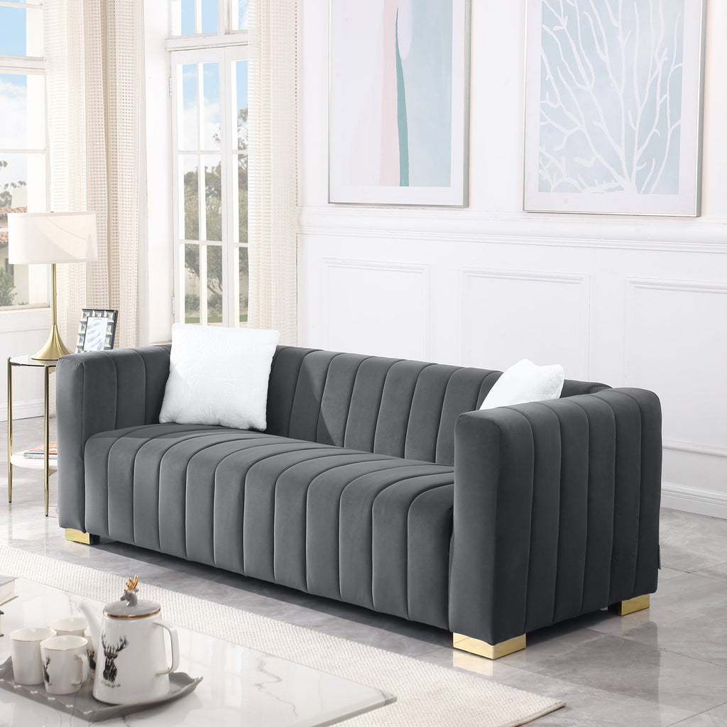 A modern  channel sofa  take on a traditional Chesterfield,Grey color,3 seater
