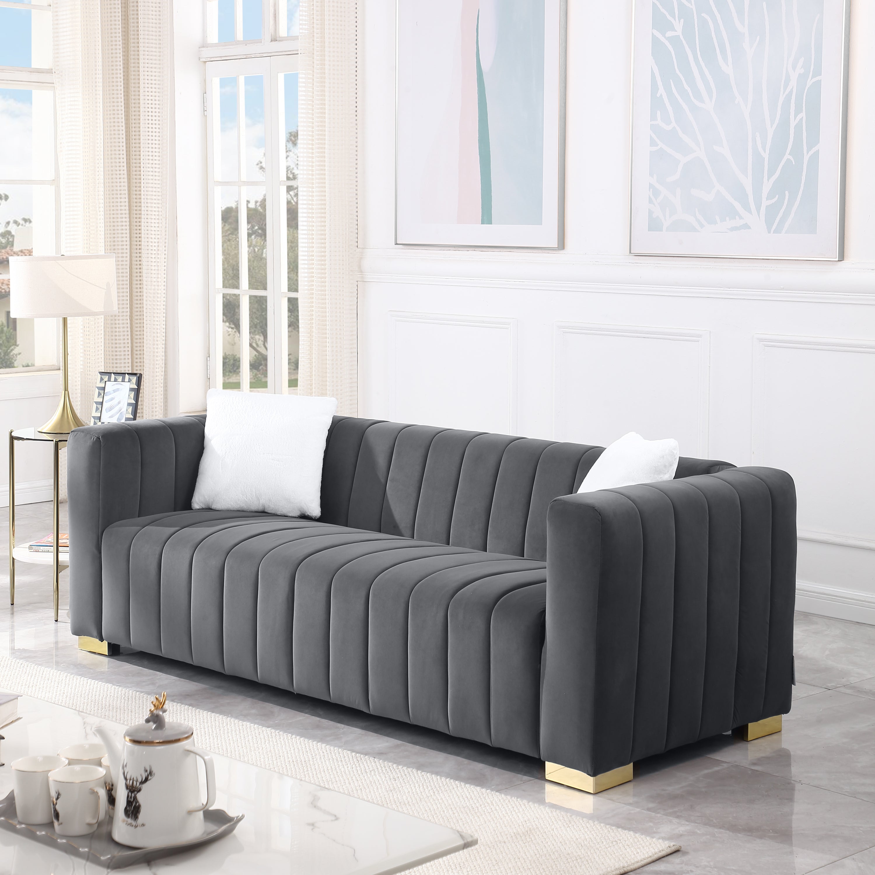 A modern  channel sofa  take on a traditional Chesterfield,Grey color,3 seater