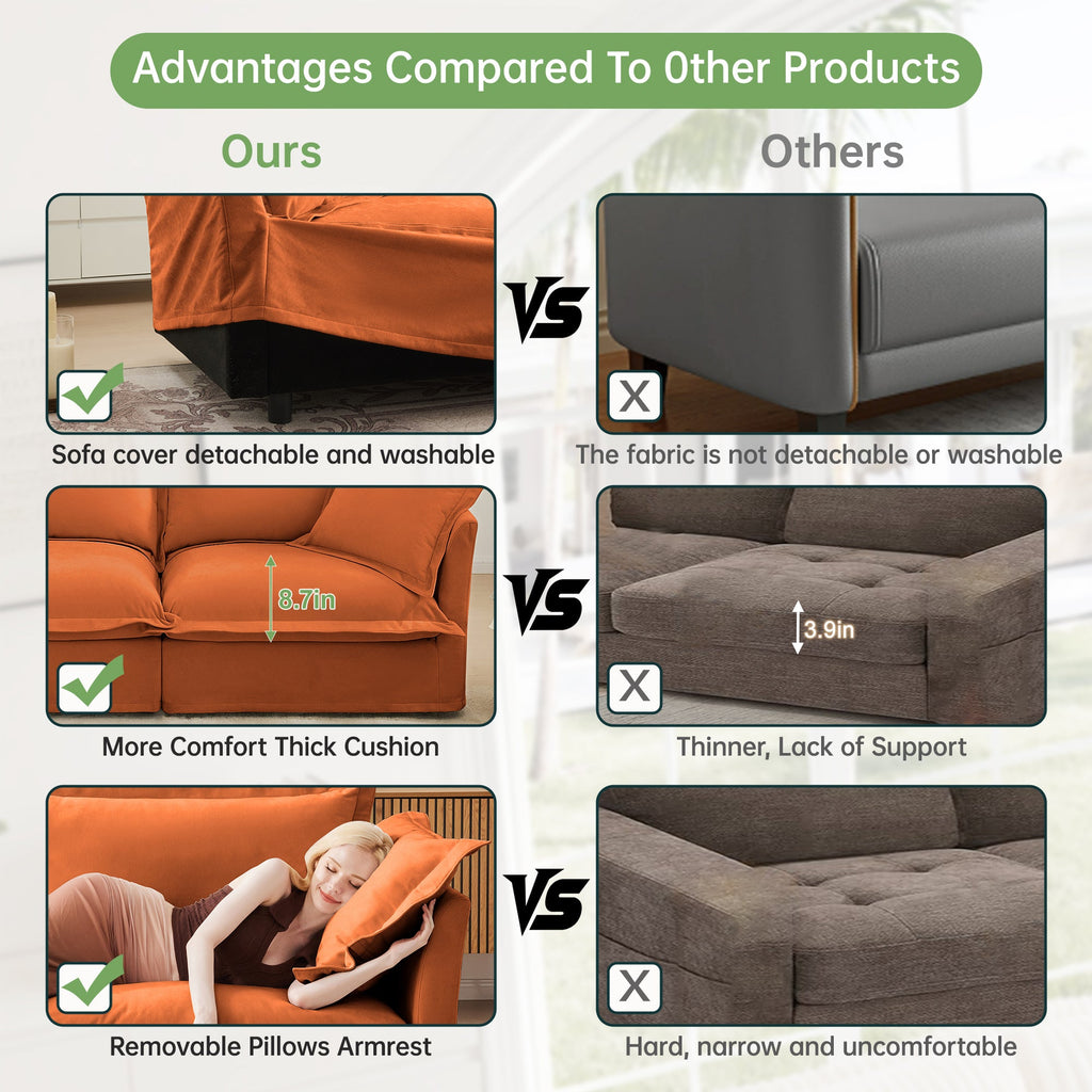 Slip-covered Armchair with 1 Big Back Cushion and 2 Big Toss Pillows, Single Deep Seat Comfy Single Couch Sofa Multiple Large Soft Pillows, Chenille Fabric, Orange