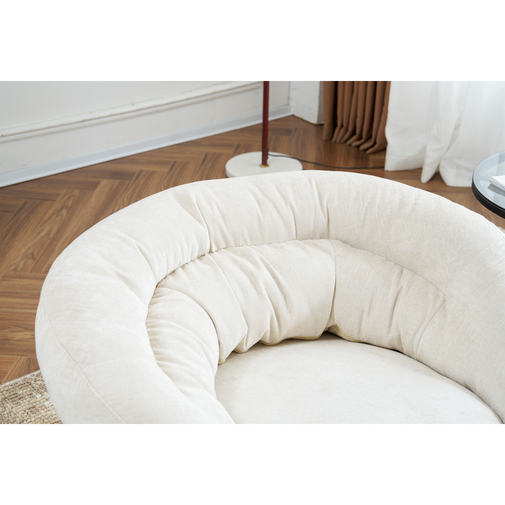 Modern Chenille Office Chair, 360° Swivel Club Chair/Accent Chair with Removable Cushion, Round Office Chair, Black Metal Base, Cotton Material, Living Room, Bedroom, Reading Corner, Office (Beige)
