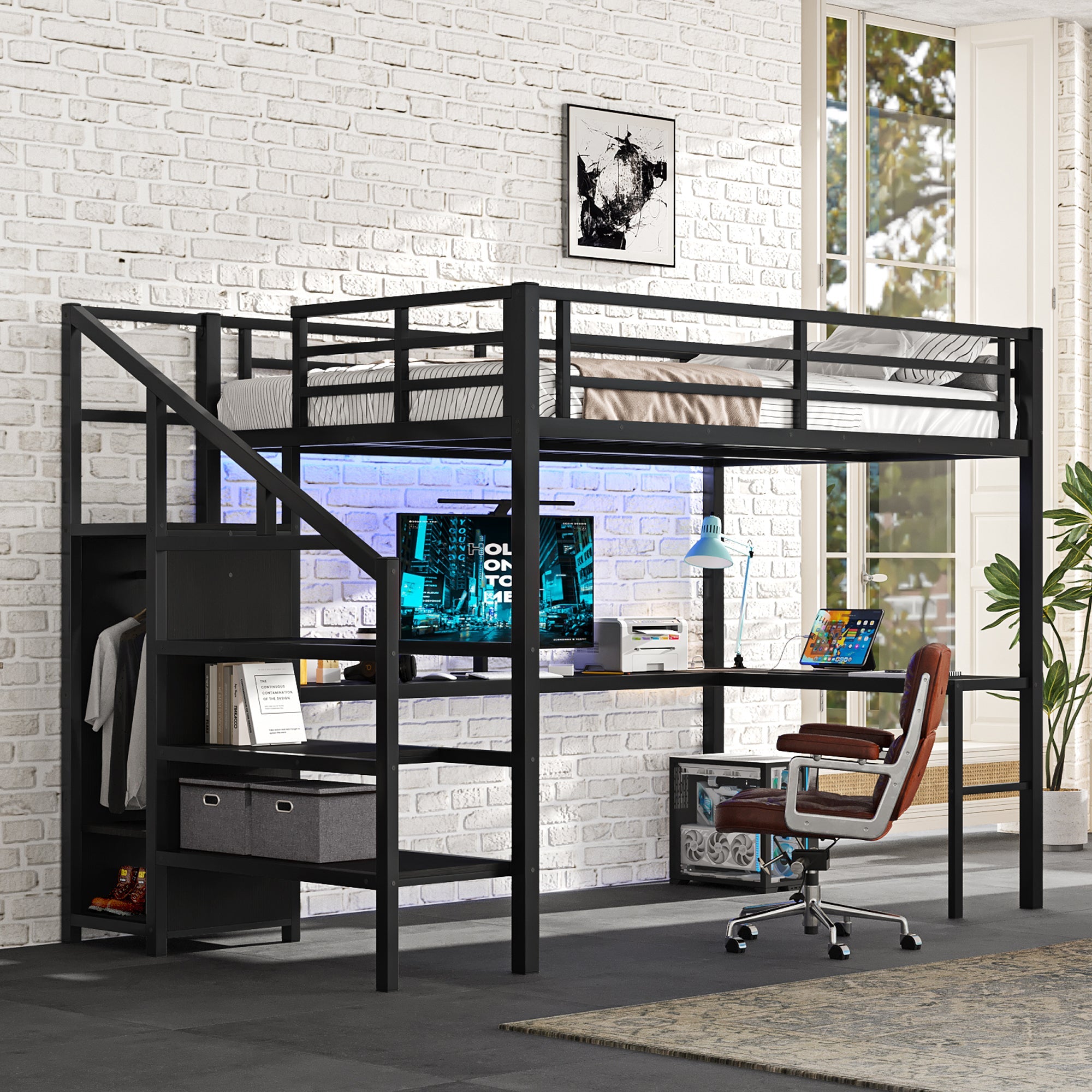 Full Size Loft Bed with L-shaped Desk and USB, Metal Loft Bed with Wardrobe and Adjustable Shelf, High Loft Bed with LED for Kids Teens Adults, Black