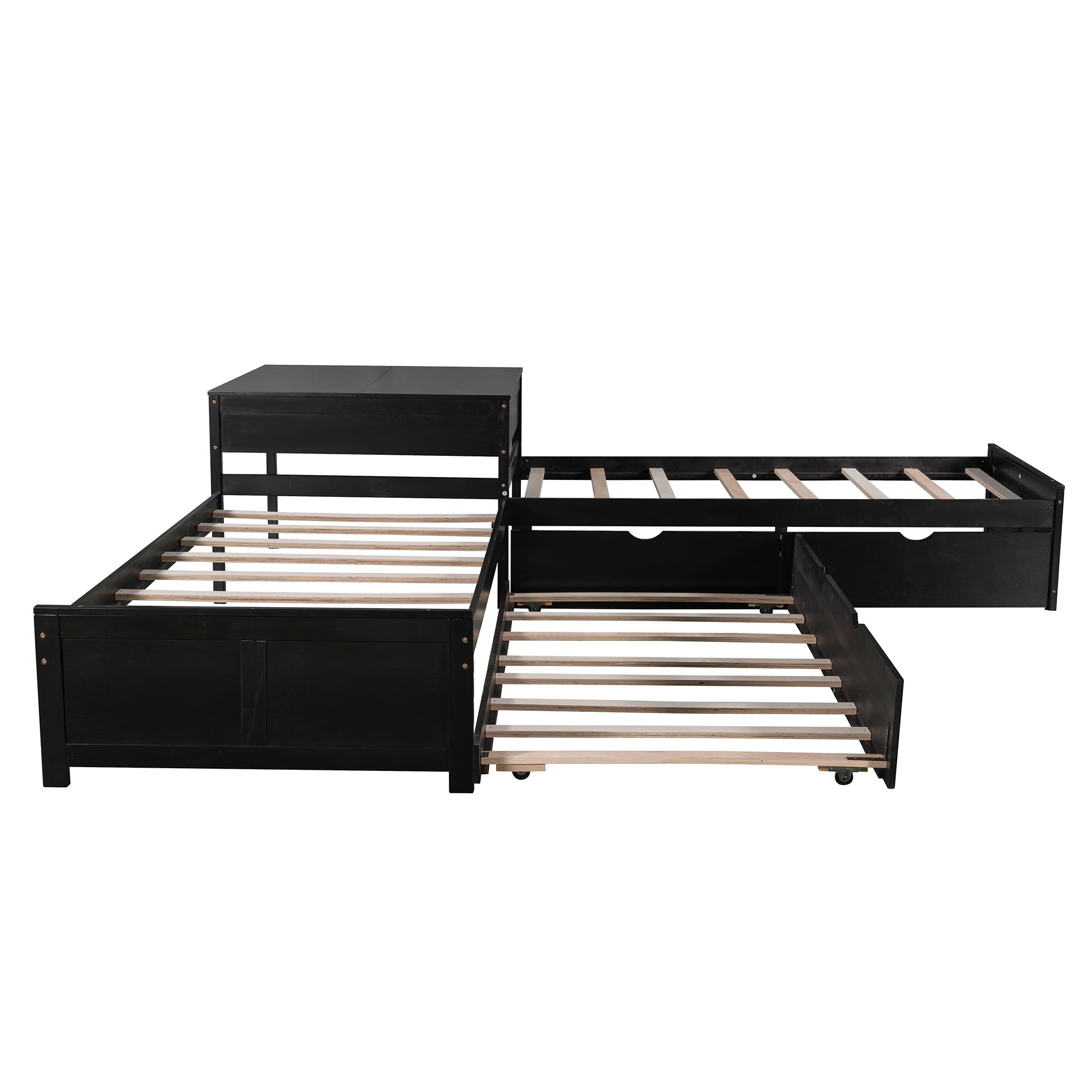 L-shaped Platform Bed with Trundle and Drawers Linked with built-in Desk,Twin,Espresso(Old SKU:SM000916AAP)