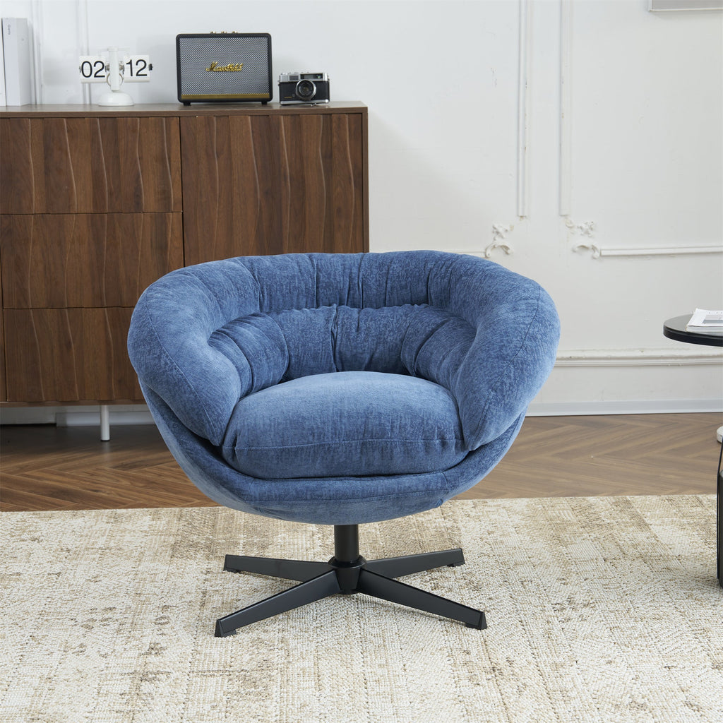 Modern Chenille Office Chair, 360° Swivel Accent Chair with Removable Cushion, Round Office Chair, Black Metal Base, Cotton Material, Living Room, Bedroom, Reading Corner, Office (Navy Blue)