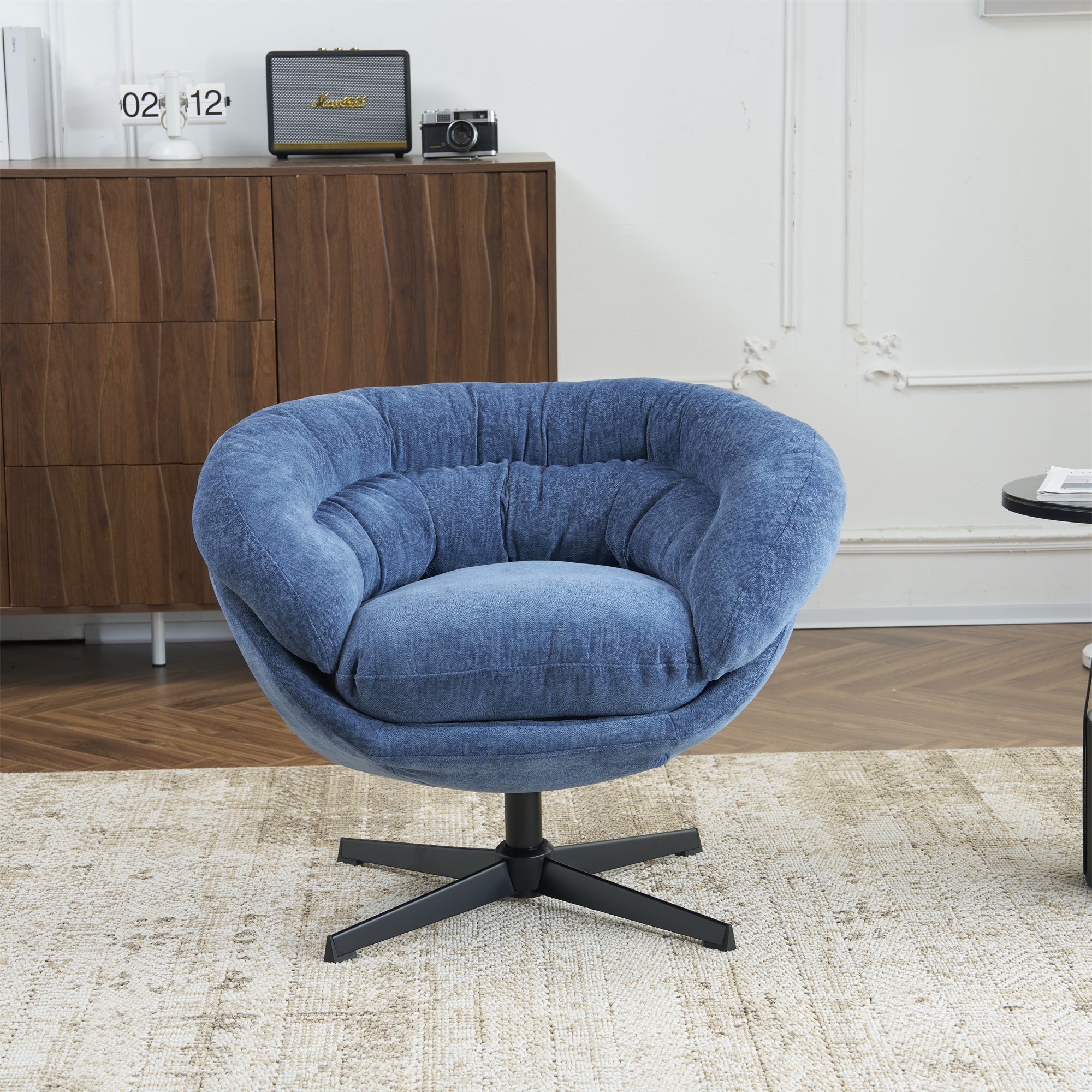 Modern Chenille Office Chair, 360° Swivel Accent Chair with Removable Cushion, Round Office Chair, Black Metal Base, Cotton Material, Living Room, Bedroom, Reading Corner, Office (Navy Blue)