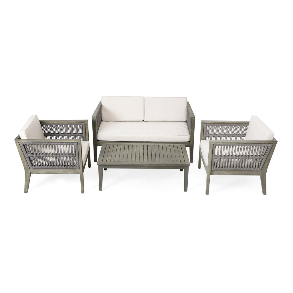 4-Pieces Acacia Wood Patio Furniture Set, Outdoor Furniture with Coffee Table, Patio Conversation Set Deep Seating with Soft Cushion, Porch Chairs for Garden, Backyard Porch Balcony, Grey & Beige