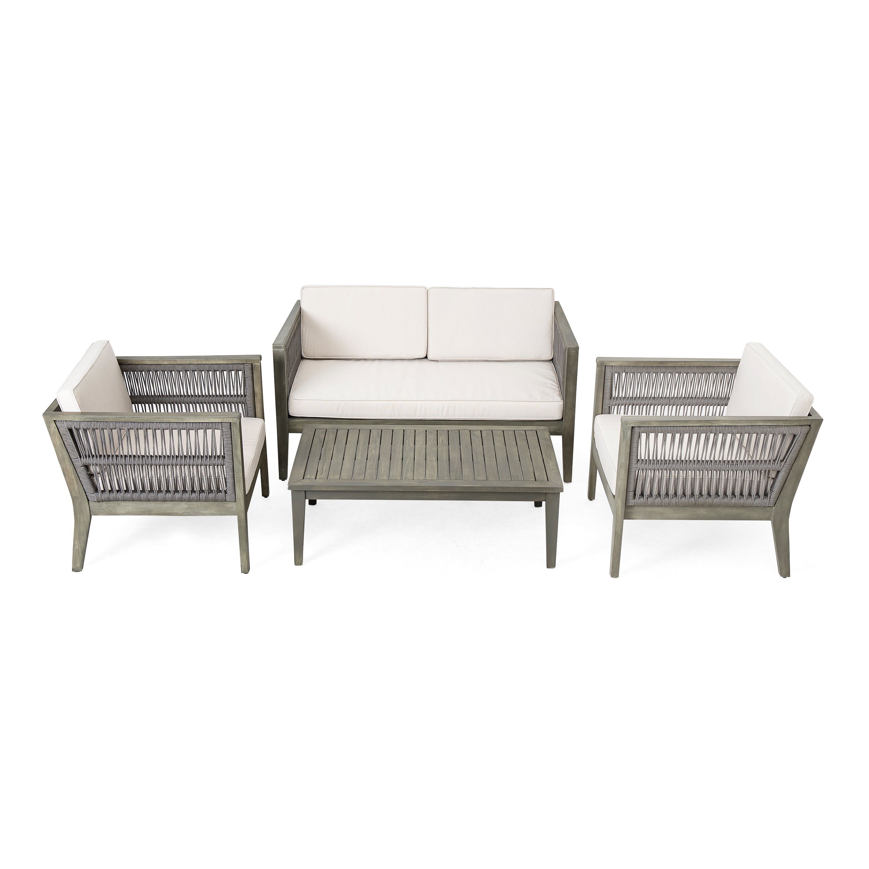 4-Pieces Acacia Wood Patio Furniture Set, Outdoor Furniture with Coffee Table, Patio Conversation Set Deep Seating with Soft Cushion, Porch Chairs for Garden, Backyard Porch Balcony, Grey & Beige