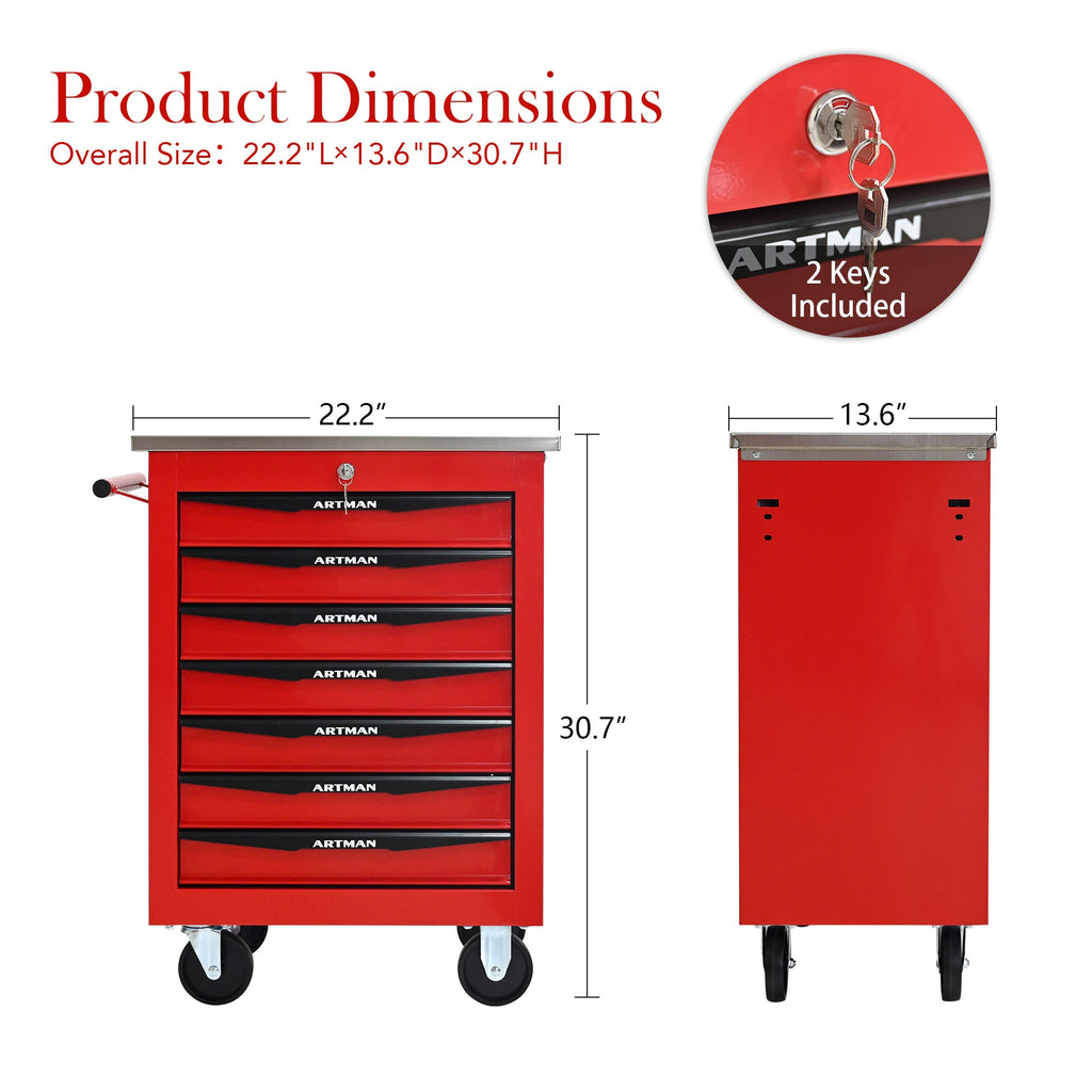 7 Drawers Multifunctional Tool Cart with Wheels,Metal Rolling Tool Cart Storage for Garage Workshop Warehouse Repair Shop--With Stainless Steel Roof- Red&Black