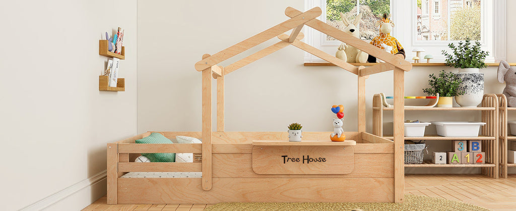 Full Size Floor Bed with Guardrails and Roof, Kids House Floor Bed with a Small Built-in Tray and Free-installed Signboard, Childlike Design, Natural