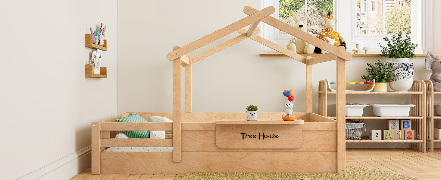 Full Size Floor Bed with Guardrails and Roof, Kids House Floor Bed with a Small Built-in Tray and Free-installed Signboard, Childlike Design, Natural