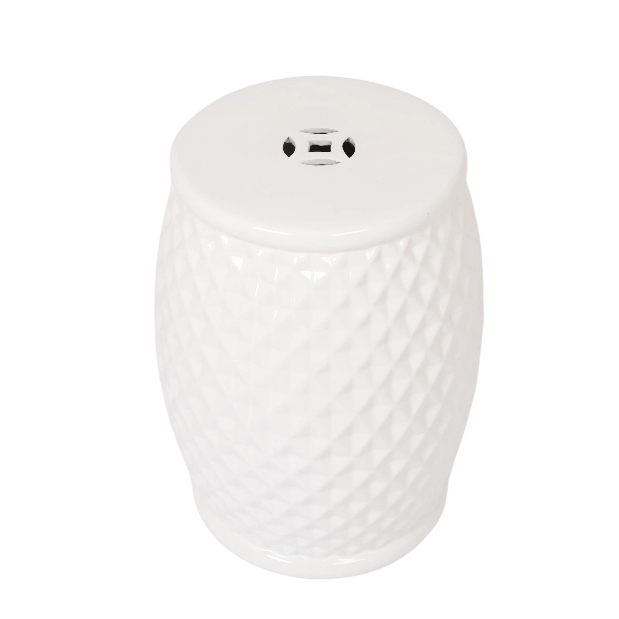 Glazed Ceramic Drum Stool - Indoor/Outdoor Side Table - White Ceramic 11 x 17.25 Inches