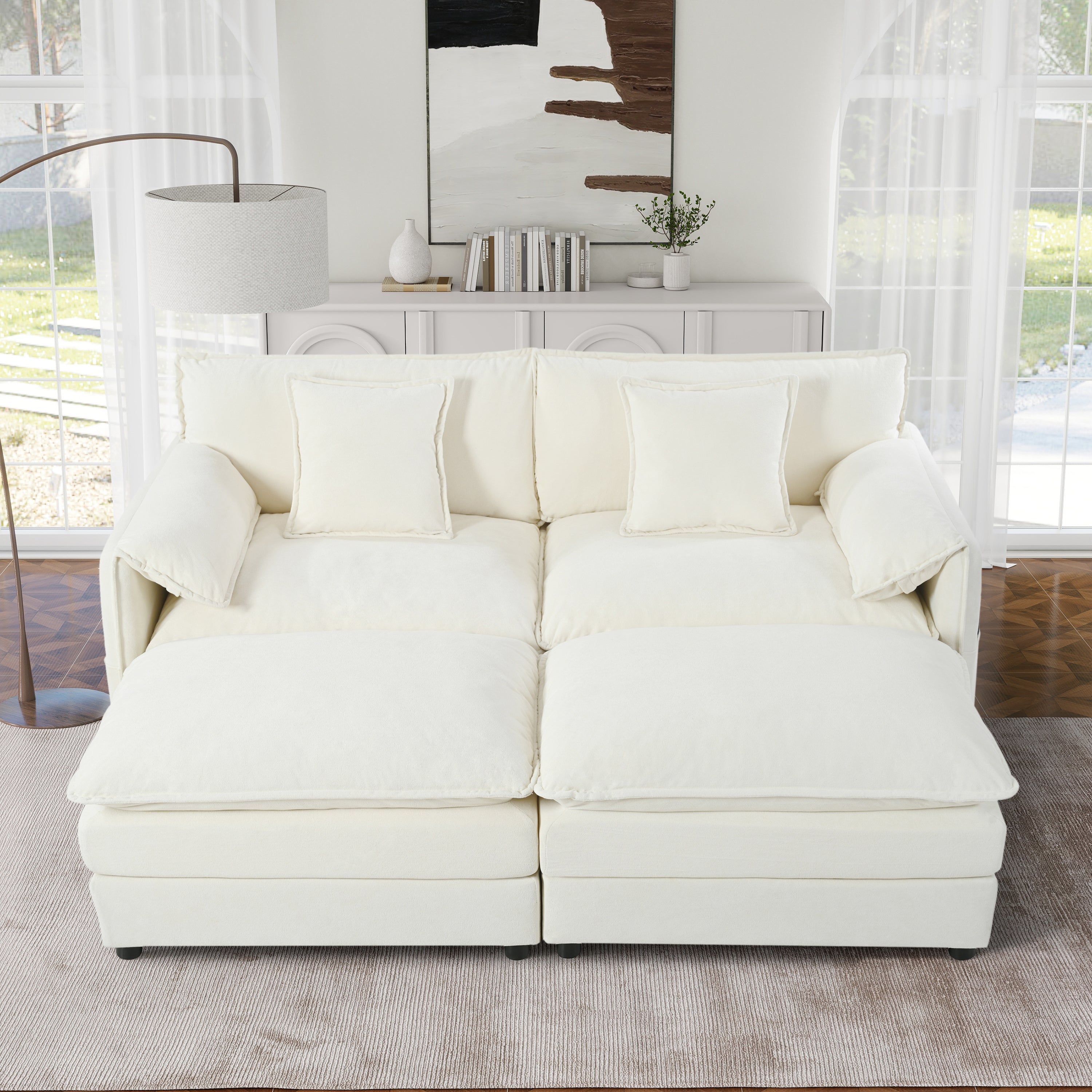 Deep Seat Sectional Cloud Sofa with 2 Ottomans & Soft Pillows, Loveseat Modular Couch for Living Room, Apartment,DIY Combination,Beige