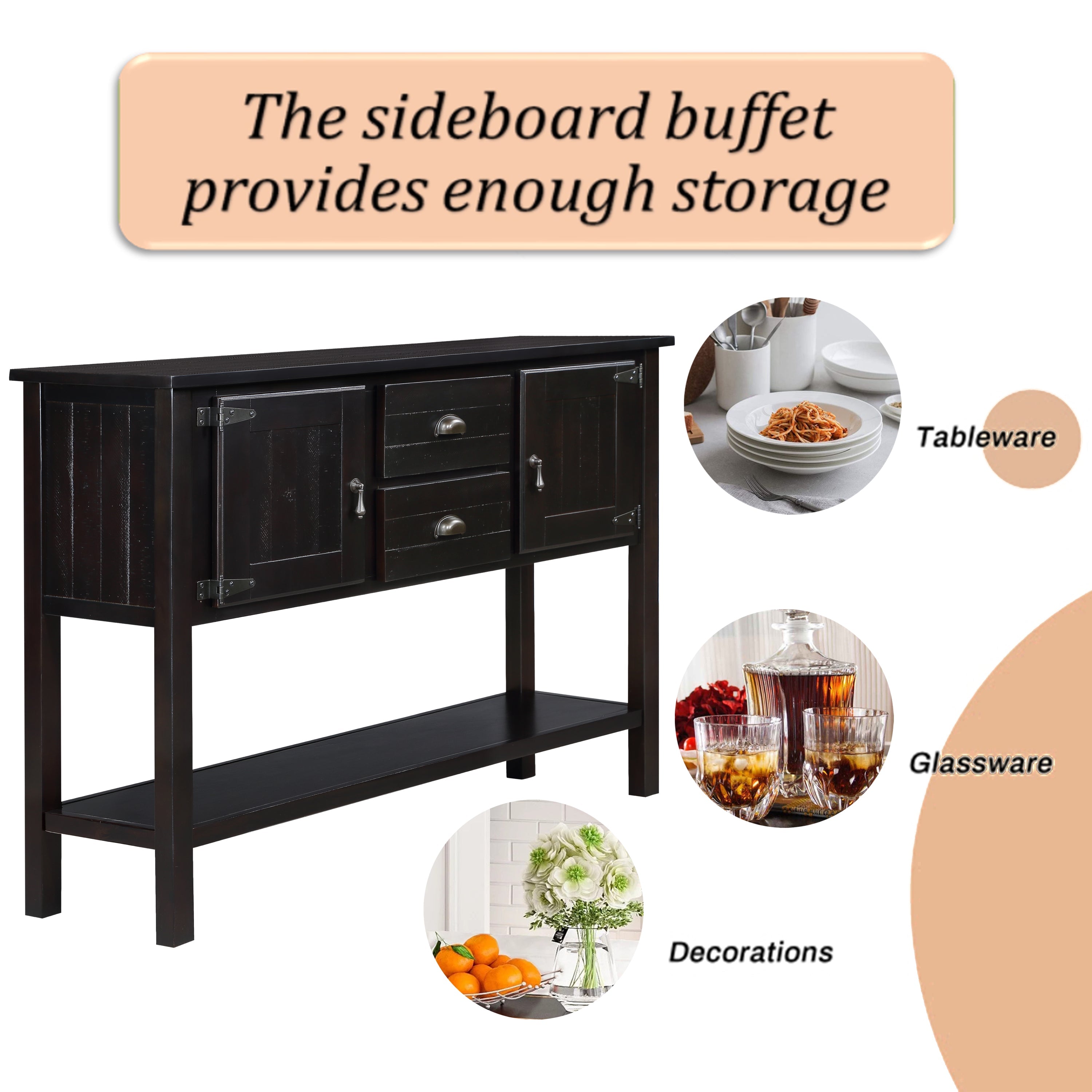 48'' Solid Wood Sideboard Console Table with 2 Drawers and Cabinets and Bottom Shelf, Retro Style Storage Dining Buffet Server Cabinet for Living Room Kitchen Dining Room (Espresso