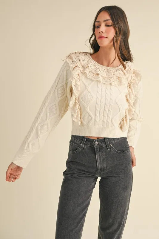 MABLE Ruffled Lace Crochet Sweater