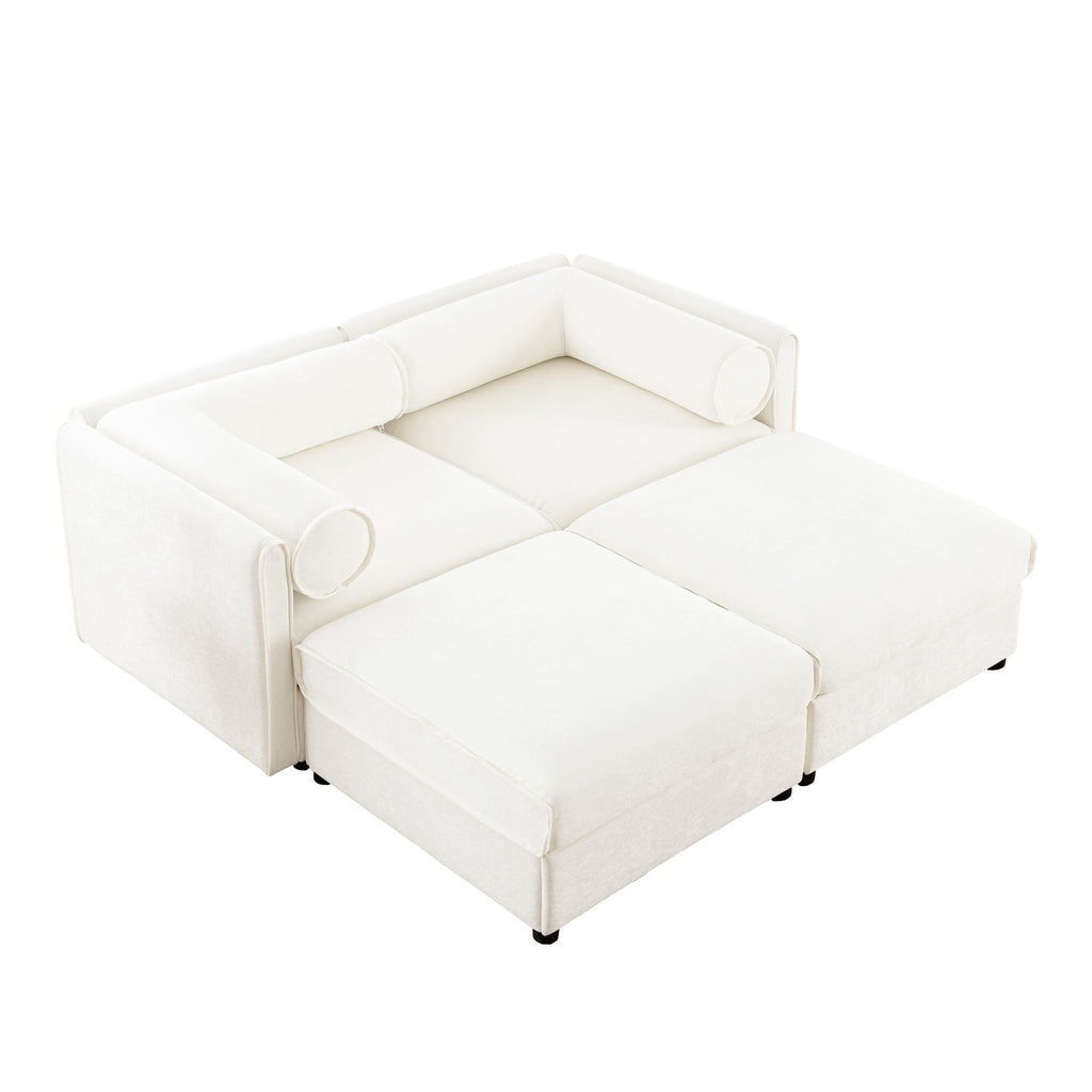 Stylish White Chenille 2-Seater Sofa with 2 Ottoman Storage Seat, Cylindrical Backrest and Armrests, Modern Fabric Loveseat Featuring Hidden Storage Space