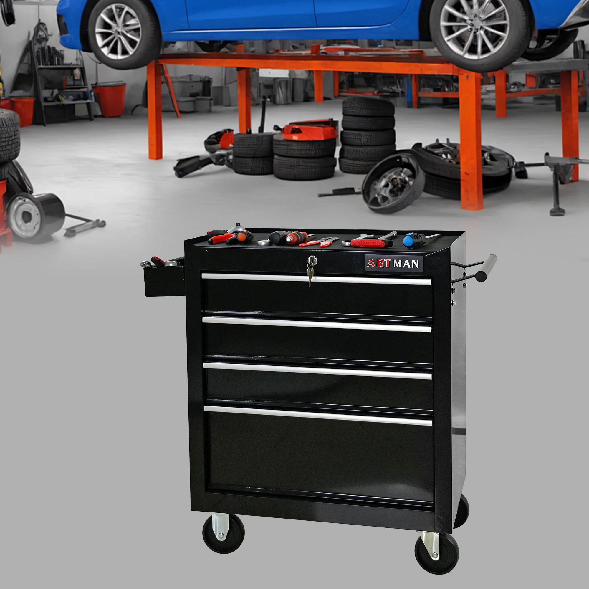 Rolling Tool Chest, 4-Drawer Tool Box with Wheels, Heavy Duty Industrial Service Cart Storage Organizer with Locking System, Rolling Tool Box Organizer Tool Case for Garage, Repair Shop - Black
