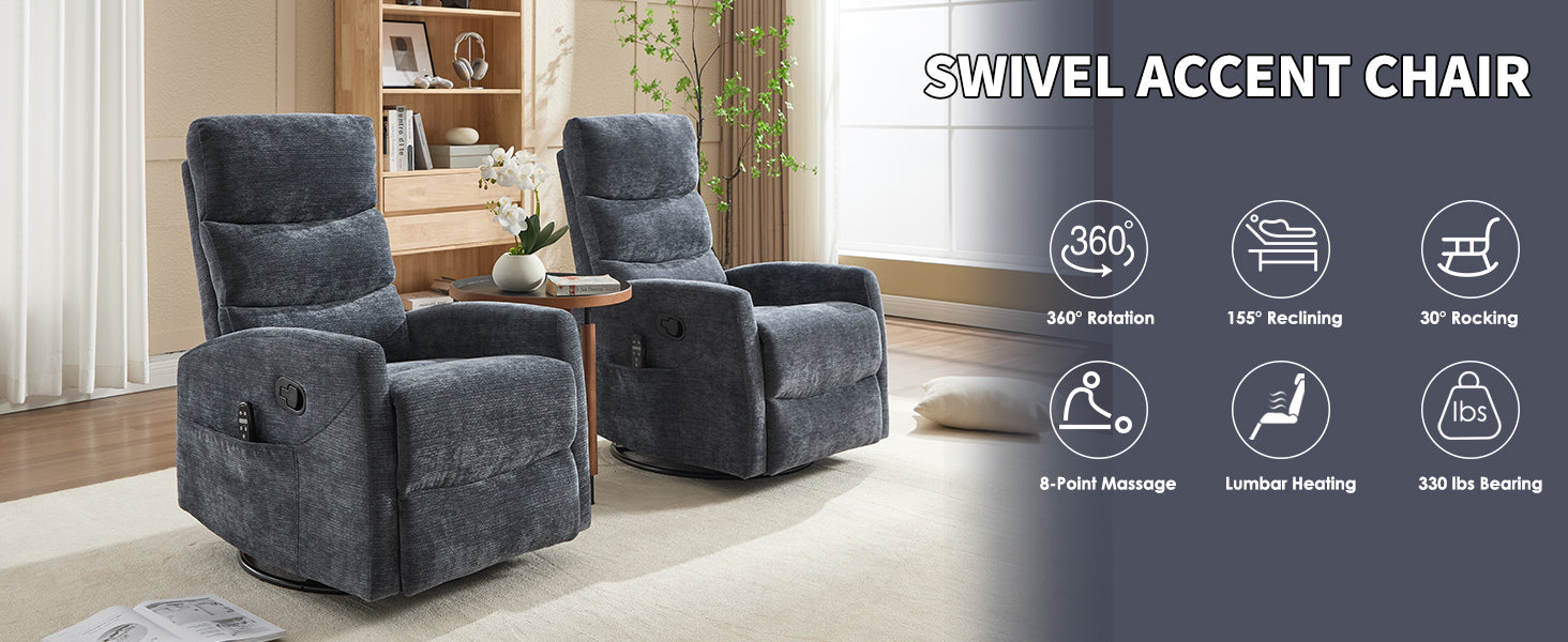 Heat Massage Manual Recliner Chair with Rocker and Swivel in Fabric for Living Room, Blue