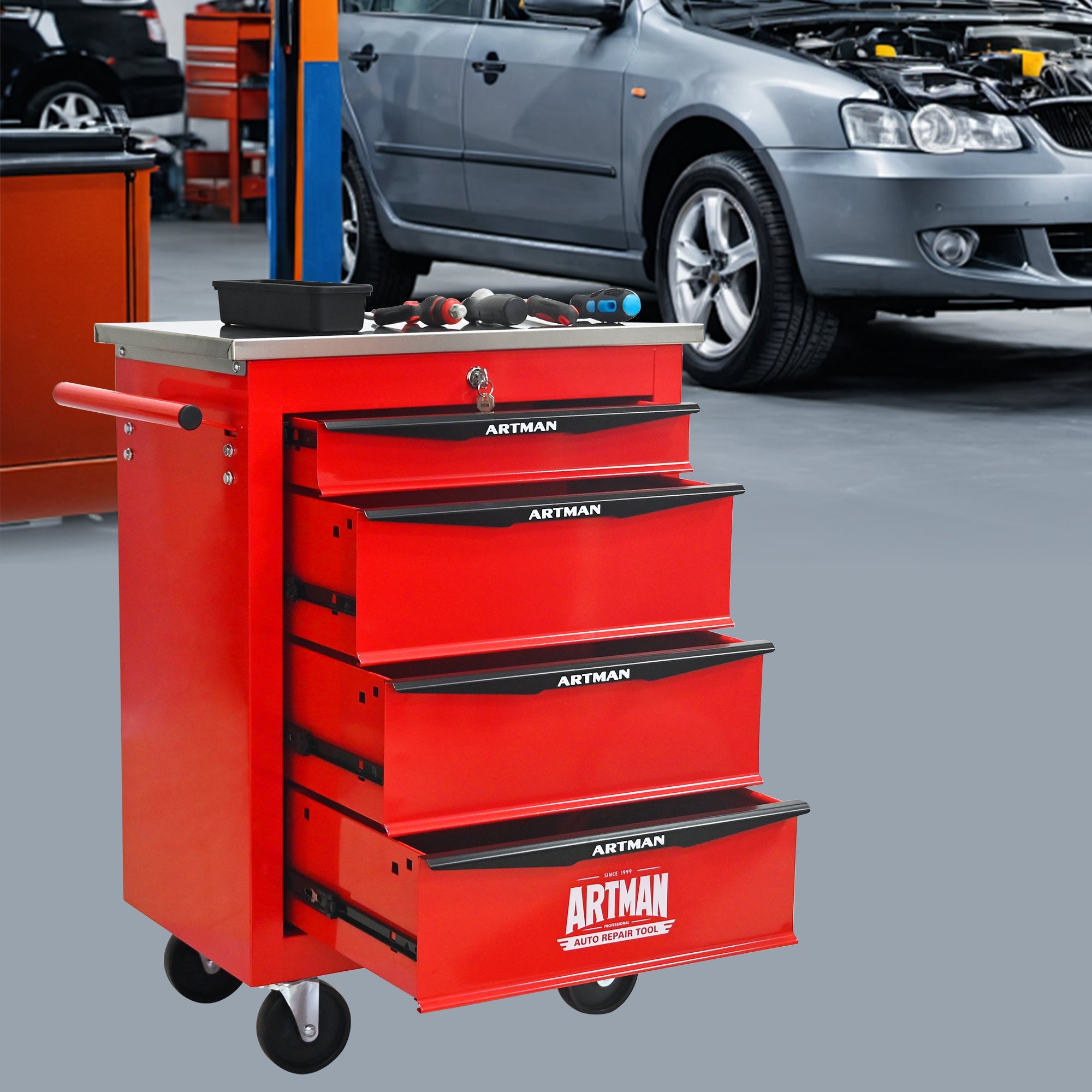 4 Drawers Multifunctional Tool Cart with Wheels,Metal Rolling Tool Cart Storage for Garage Workshop Warehouse Repair Shop--With  Stainless Steel Roof- Red&Black