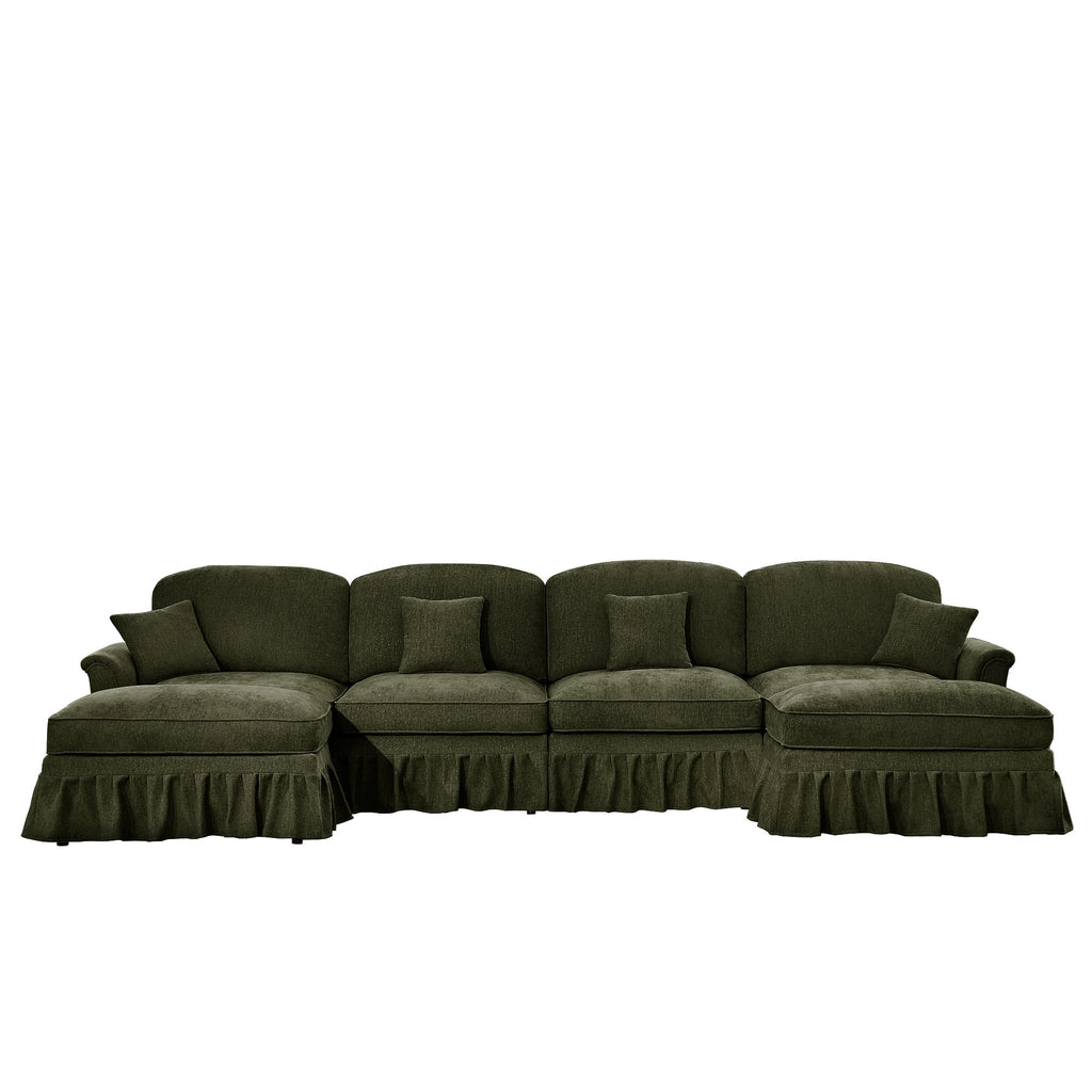 Classic U Shape 4 Seater Modular Sectional Sofa Couch with Flared Arms and Removable Ruffles Pleats Skirts and Spindle Legs, Chenille Deep Seat Cloud Sofa with Movable Ottomans, Green