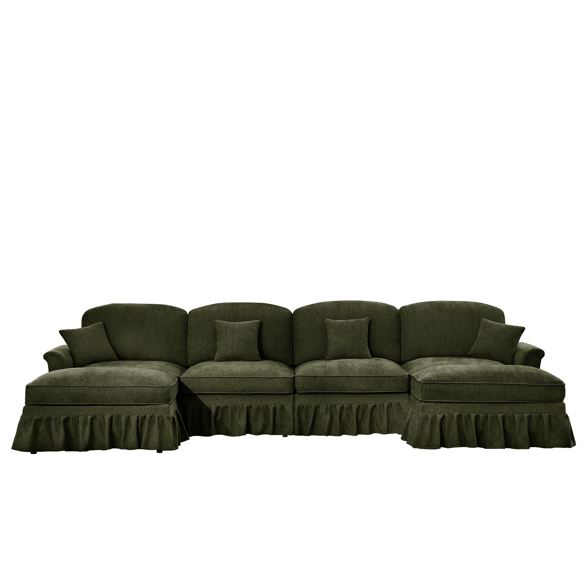 Classic U Shape 4 Seater Modular Sectional Sofa Couch with Flared Arms and Removable Ruffles Pleats Skirts and Spindle Legs, Chenille Deep Seat Cloud Sofa with Movable Ottomans, Green