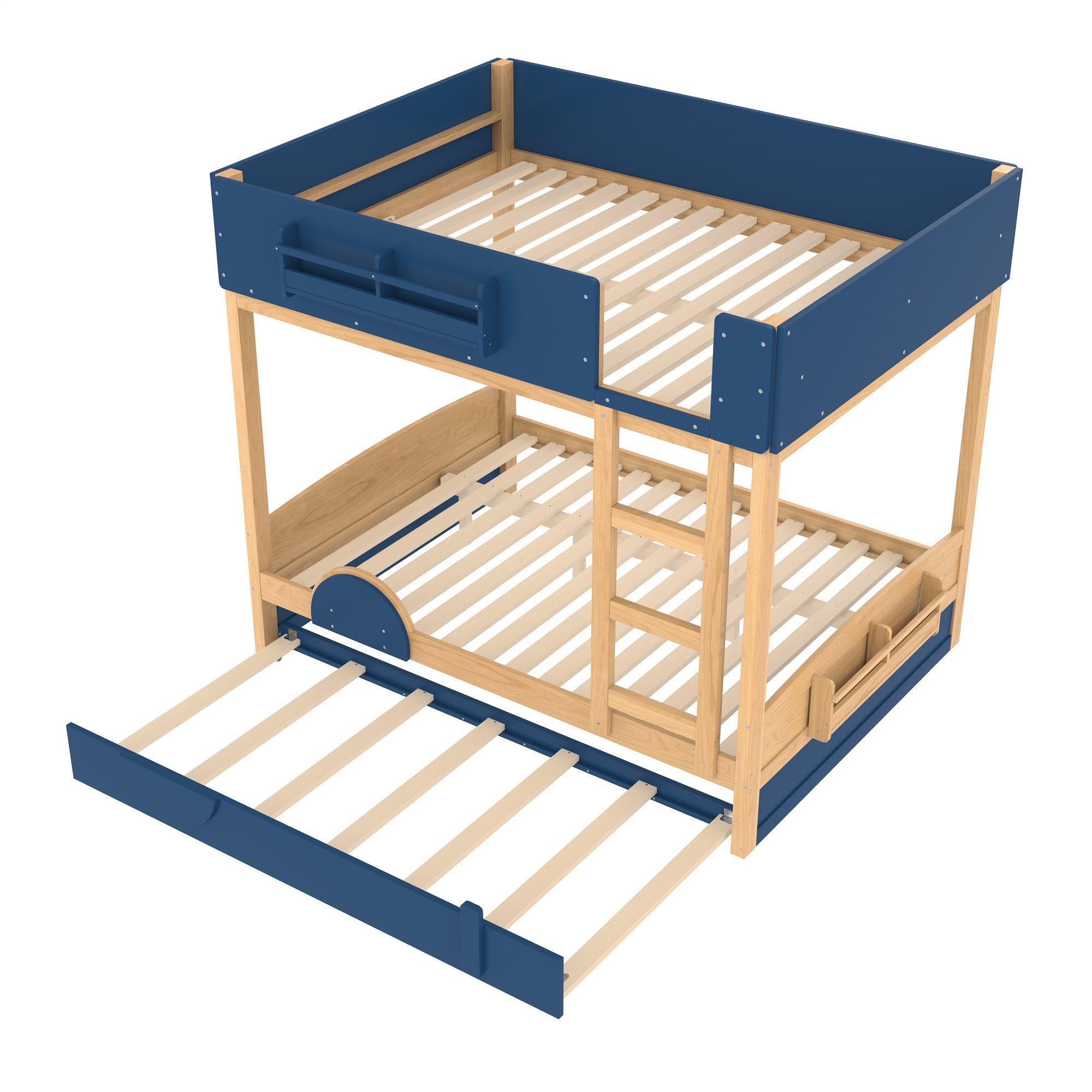 Full Bunk Bed with Trundle , Wood Bunk Bed Frame with Built-inBookshelf and High-quality Safety Guardrail,Automobile Form Design for Kids ,Blue＆Natural.
