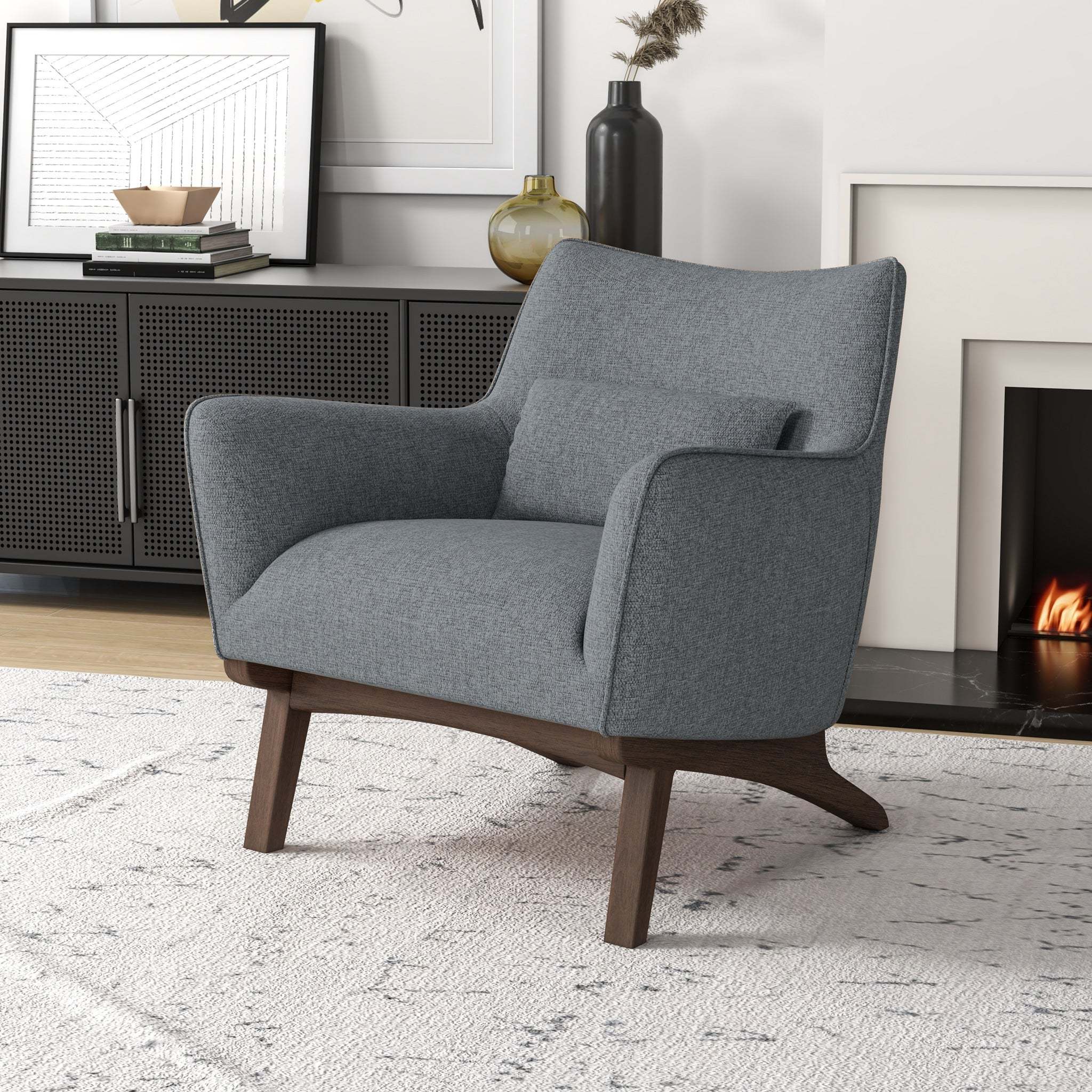 New Design Brayden Mid Century Modern Grey Linen Armchair with Solid Wood Frame and Padded Seat for Home Office 32.5'H x 30'W x 30'D