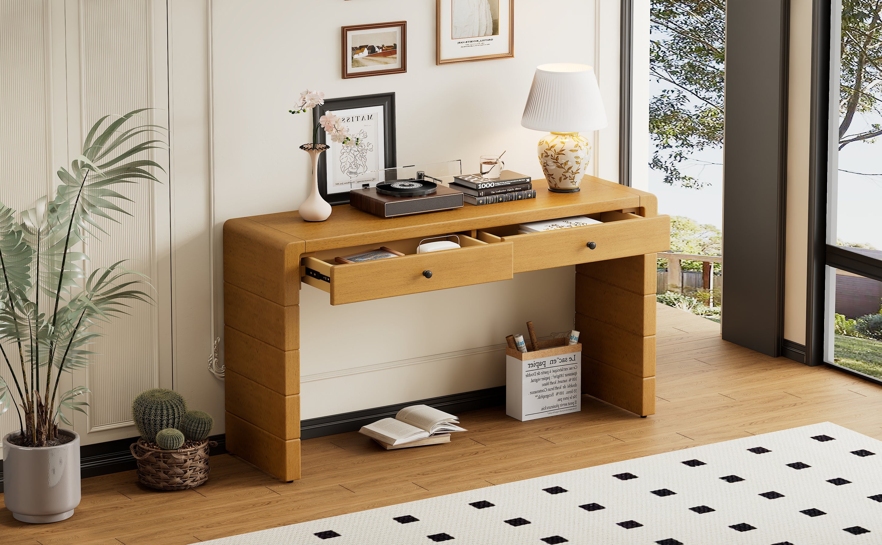 TREXM Curved Console Table with Storage, Wooden Entryway Table with 2 Drawers, Farmhouse Rustic Console Tables for Entryway, Hallway, Living Room, Natural