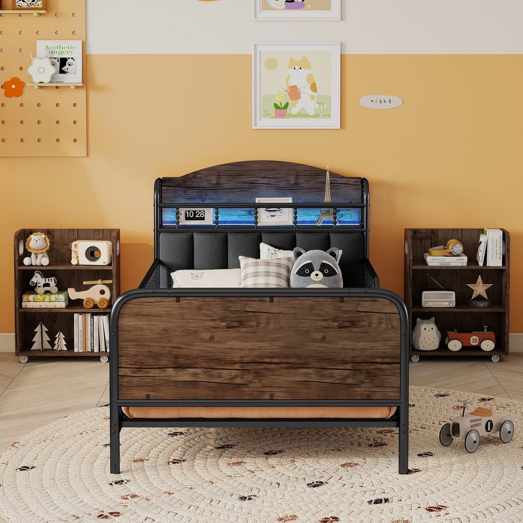 Twin Size Metal Platform Bed Frame with Light, Kids Twin Metal Bed with Upholstered and Pull Out Storage Shelves, Black (Expect Arrival Date 2025/10/5)