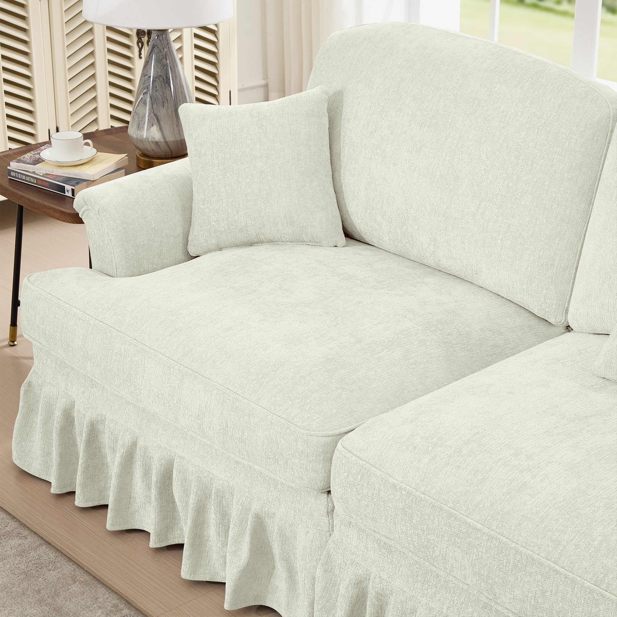 Mid Century Three Seater Modular L Shaped Sectional Couch with Flared Arms and Removable Ruffles Pleats Skirts and Spindle Legs, Comfy Chenille 3-Seat Deep Seat Sofa with Movable Ottoman, Beige White
