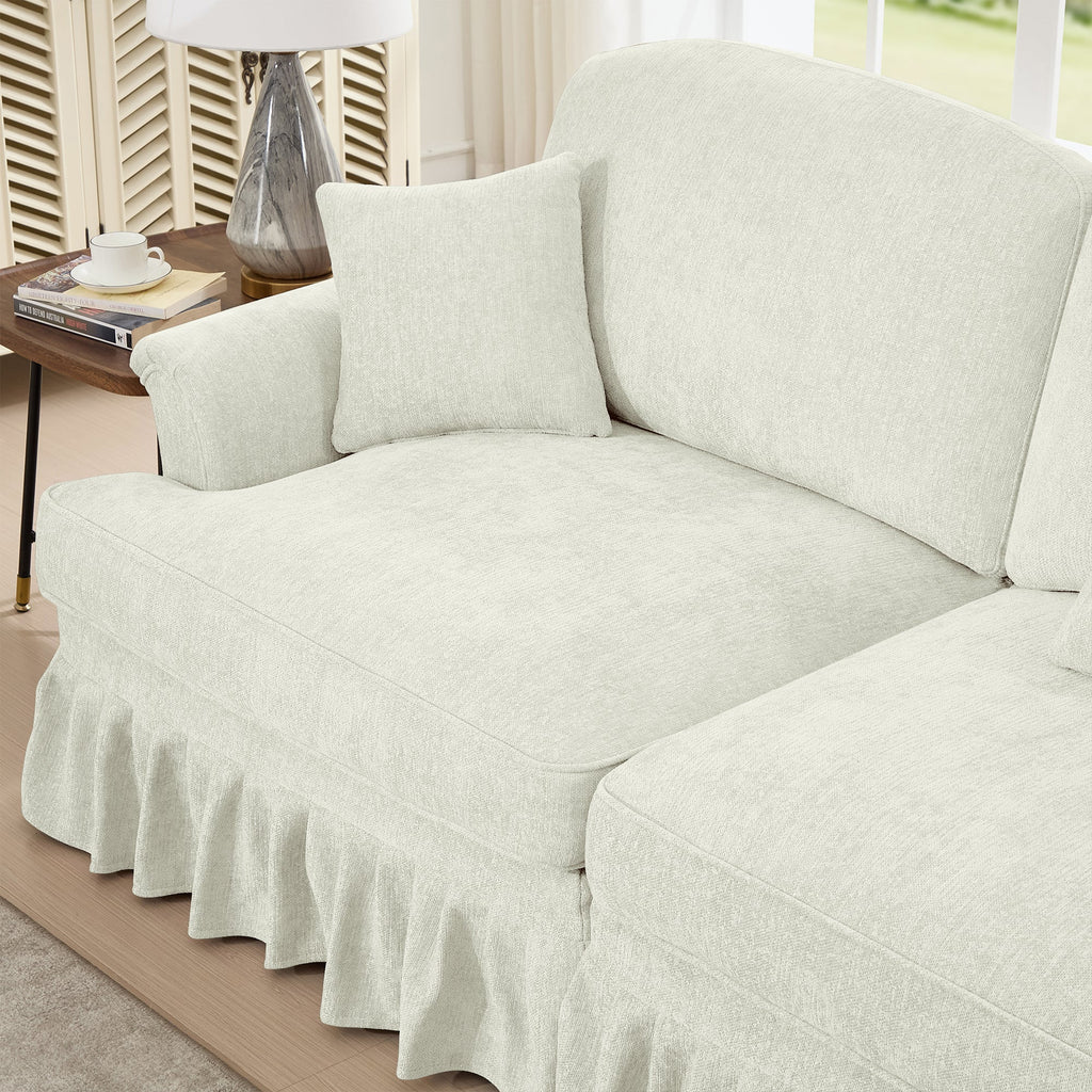 Classic Comfy Modular U Shape Sectional Sofa Couch with Flared Arms and Removable Ruffles Pleats Skirts and Spindle Legs, Upholstered Chenille Deep Seat Cloud Sofa with Movable Ottomans, Beige White