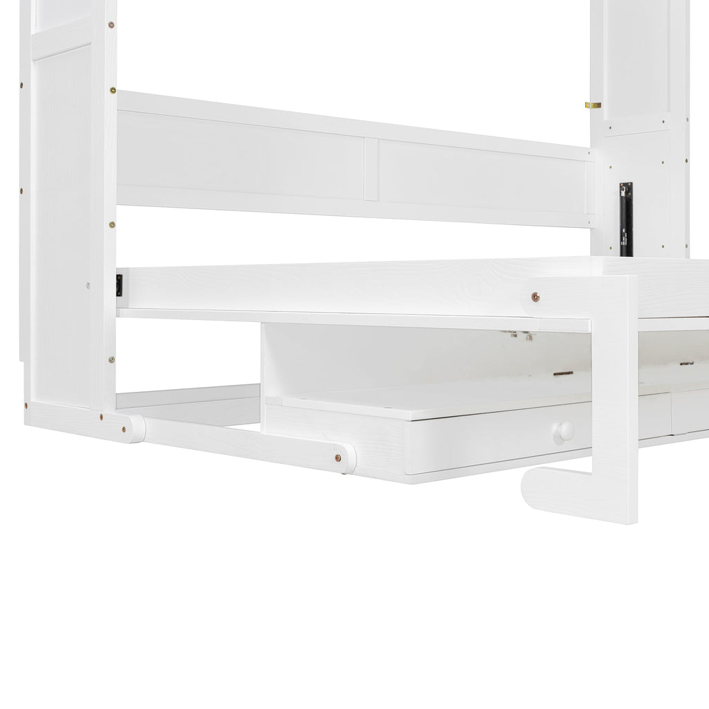 Queen Size Wall Murphy Bed with Storage, Foldable Cabinet Bed with Vanity Desk, Center Mirror & 2 Side Drawers, White