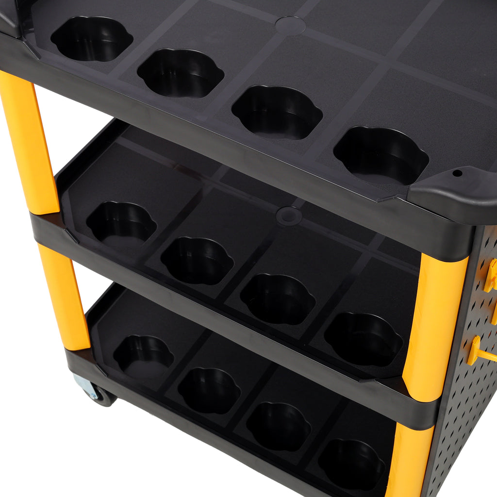 3 Tier Rolling Auto Detail Cart With Wheels,With Panel & Hook,for Detailers Garage, Workshop, Repair Shop, Storage Tool, Yellow&Black