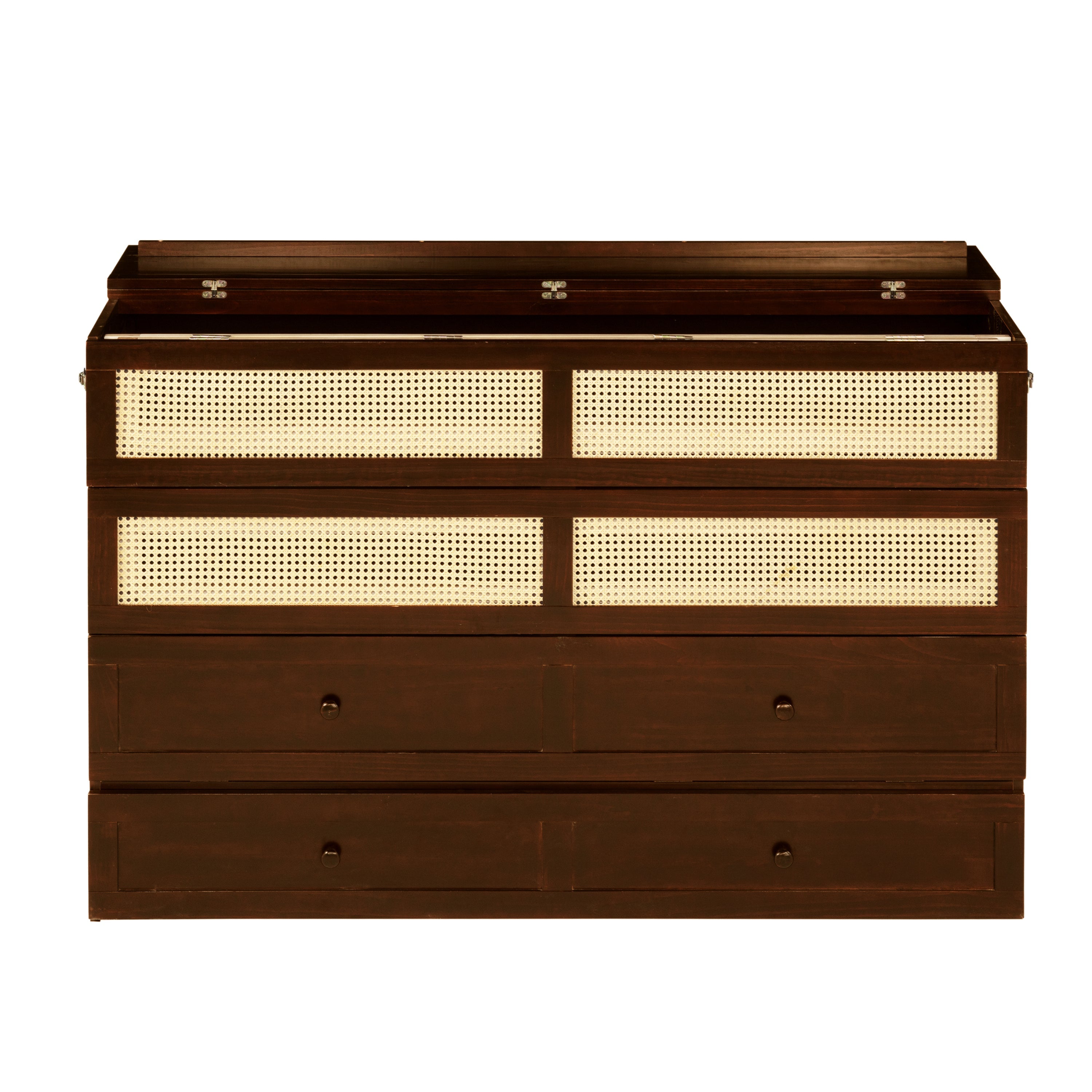 Queen Size Murphy Bed, Pine Wood Cabinet Bed with Rattan Decoration and Storage Drawer,Walnut