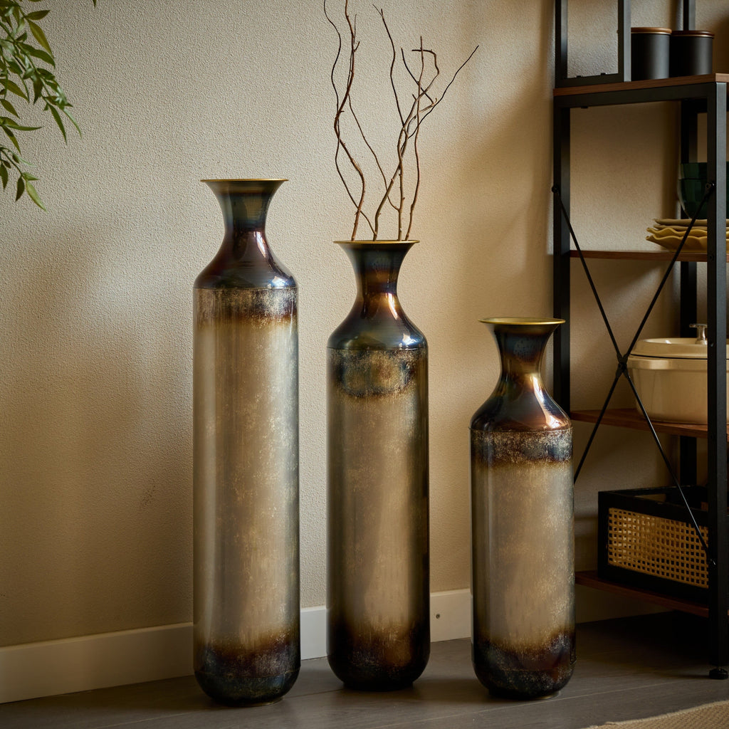 Modern Droplet-Shaped Floor Vase Set – Gold & White Glazed Metal Decorative Vases – 3-Piece Home Accent for Living Room or Entryway