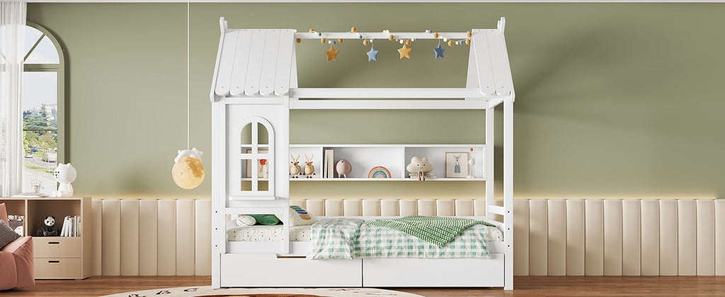 Twin house Beds with Storage Drawers and Window, Solid Wood House Platform Bed Frame with shelves, for Kids, Girls, Boys, No Spring Box Needed and Childlike Design, White