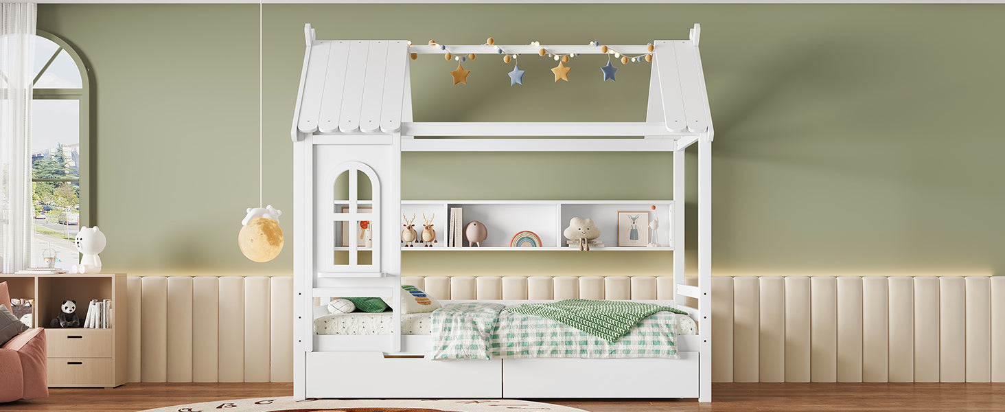 Twin house Beds with Storage Drawers and Window, Solid Wood House Platform Bed Frame with shelves, for Kids, Girls, Boys, No Spring Box Needed and Childlike Design, White