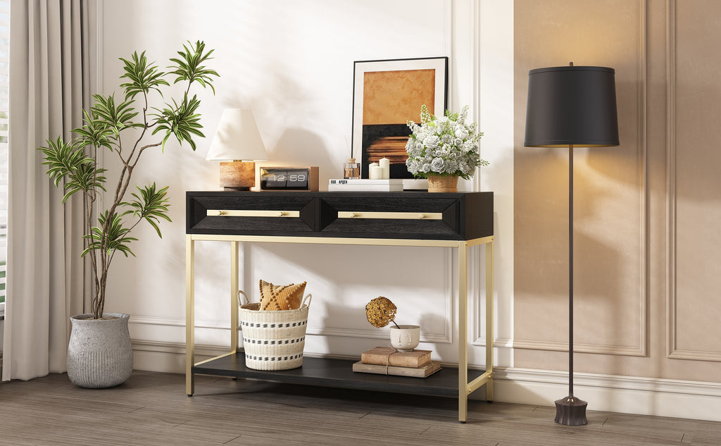 TREXM Entryway Table, Console Table with Two Drawers, Retro Hallway Table with Striking Geometric Design for Entryway and Living Room (Black)