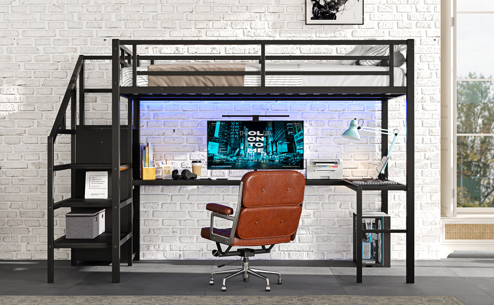 Full Size Loft Bed with L-shaped Desk and USB, Metal Loft Bed with Wardrobe and Adjustable Shelf, High Loft Bed with LED for Kids Teens Adults, Black