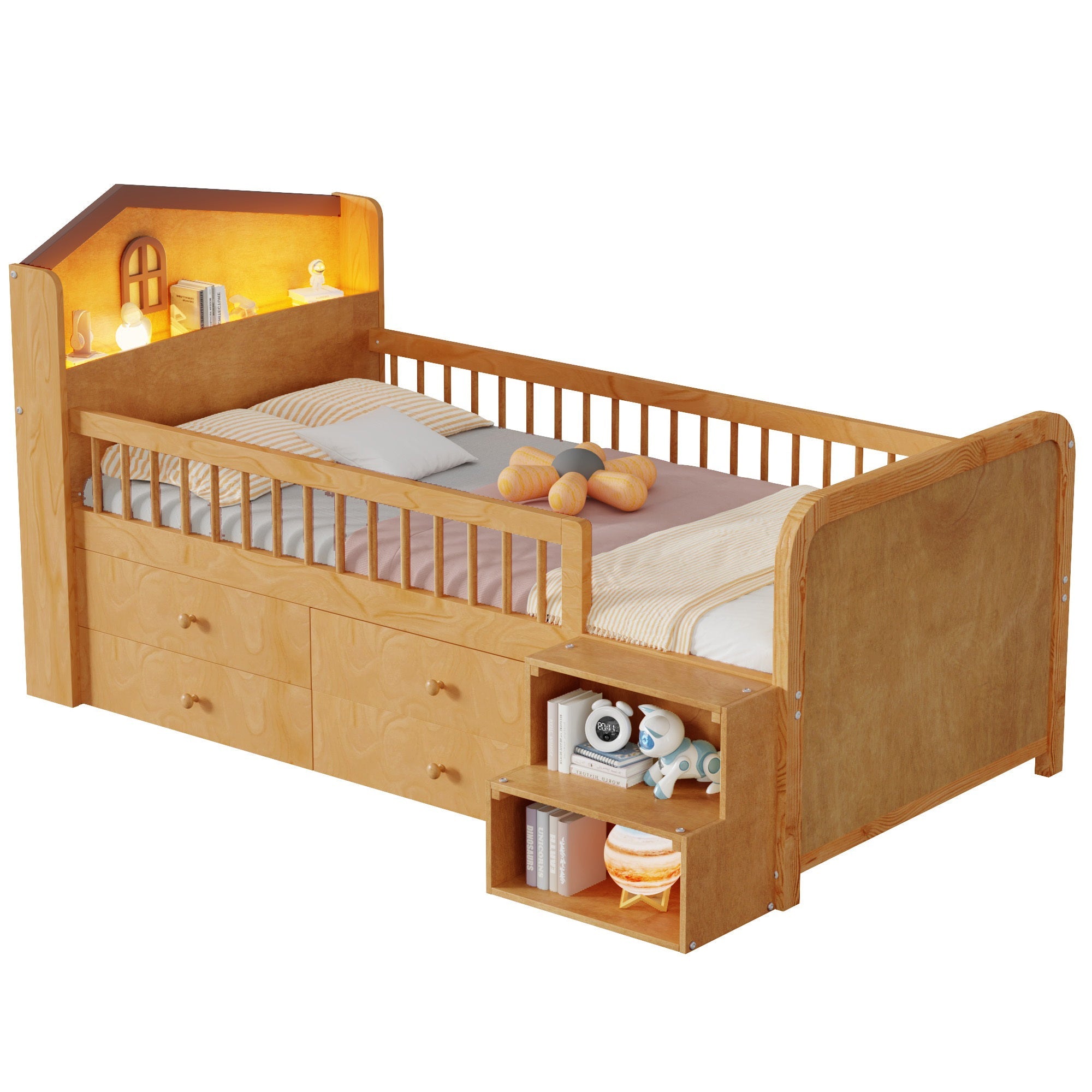 Low Loft Bed with LED Lights, Wooden Twin Loft Bed with House Shape Headboard, Kids Loft Bed with Storage Drawers, Natural (Expect Arrival Date 2025/1/20)