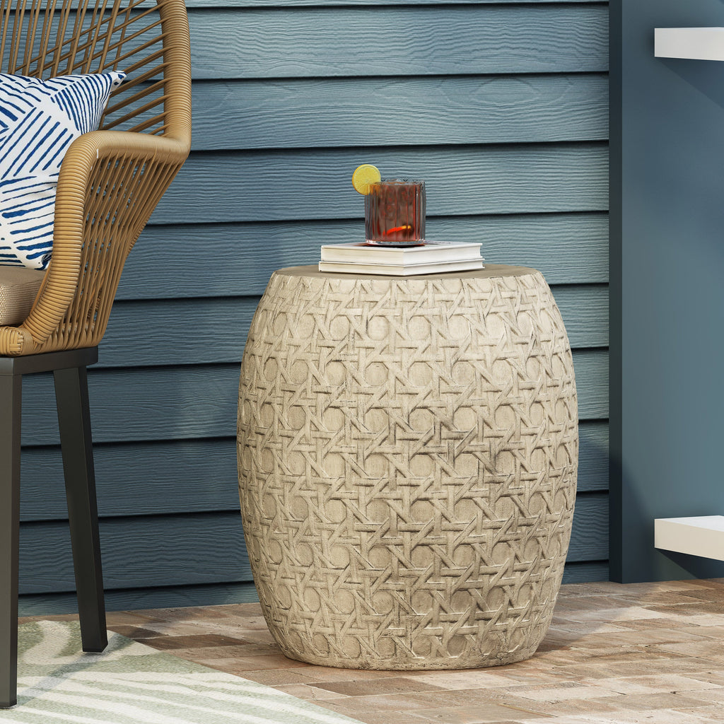 Bohemian Outdoor Lightweight Concrete Side Table with Cane Wicker Pattern, Antique Yellow, Magnesium Oxide, 17.50' x 17.50' x 19.75'
