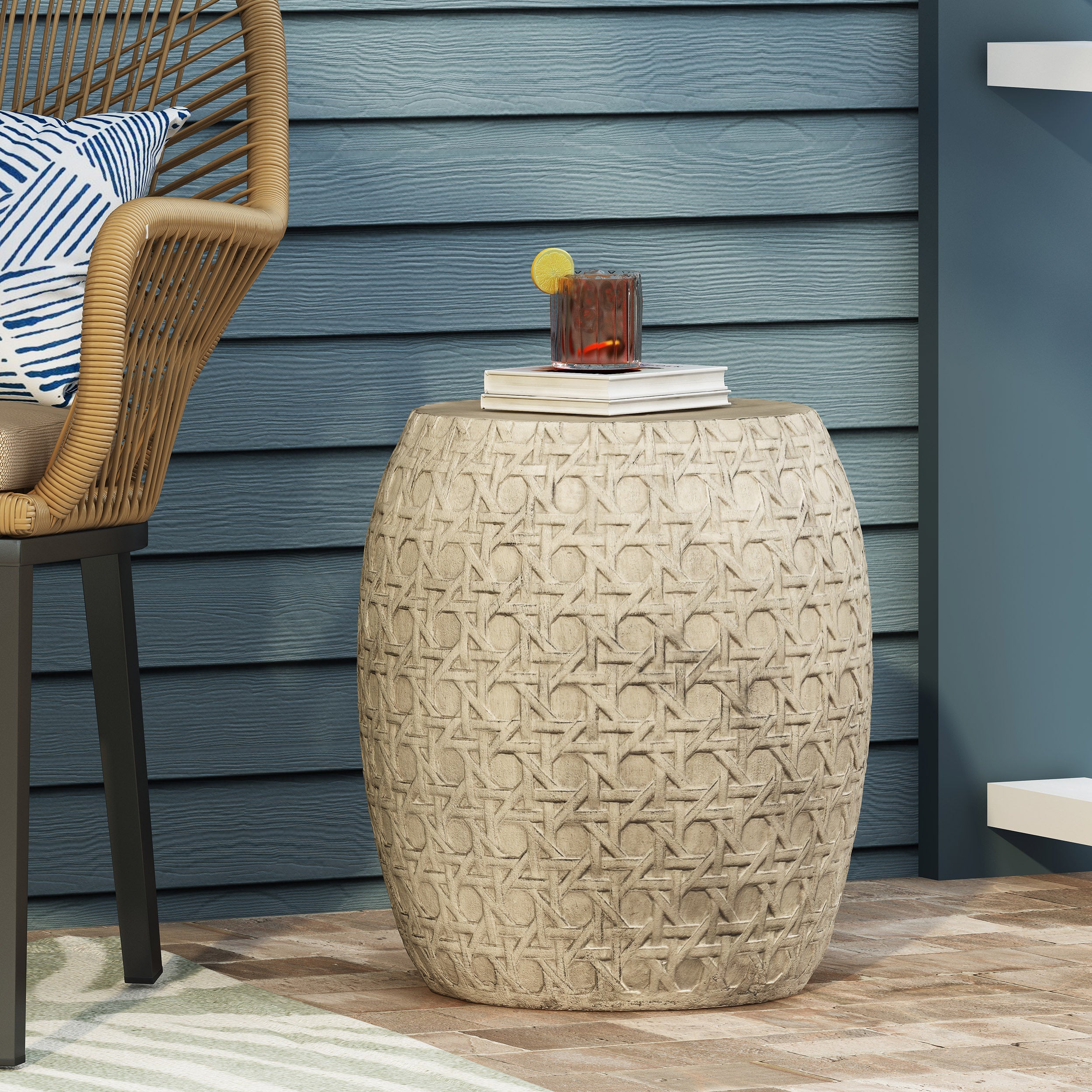 Bohemian Outdoor Lightweight Concrete Side Table with Cane Wicker Pattern, Antique Yellow, Magnesium Oxide, 17.50' x 17.50' x 19.75'