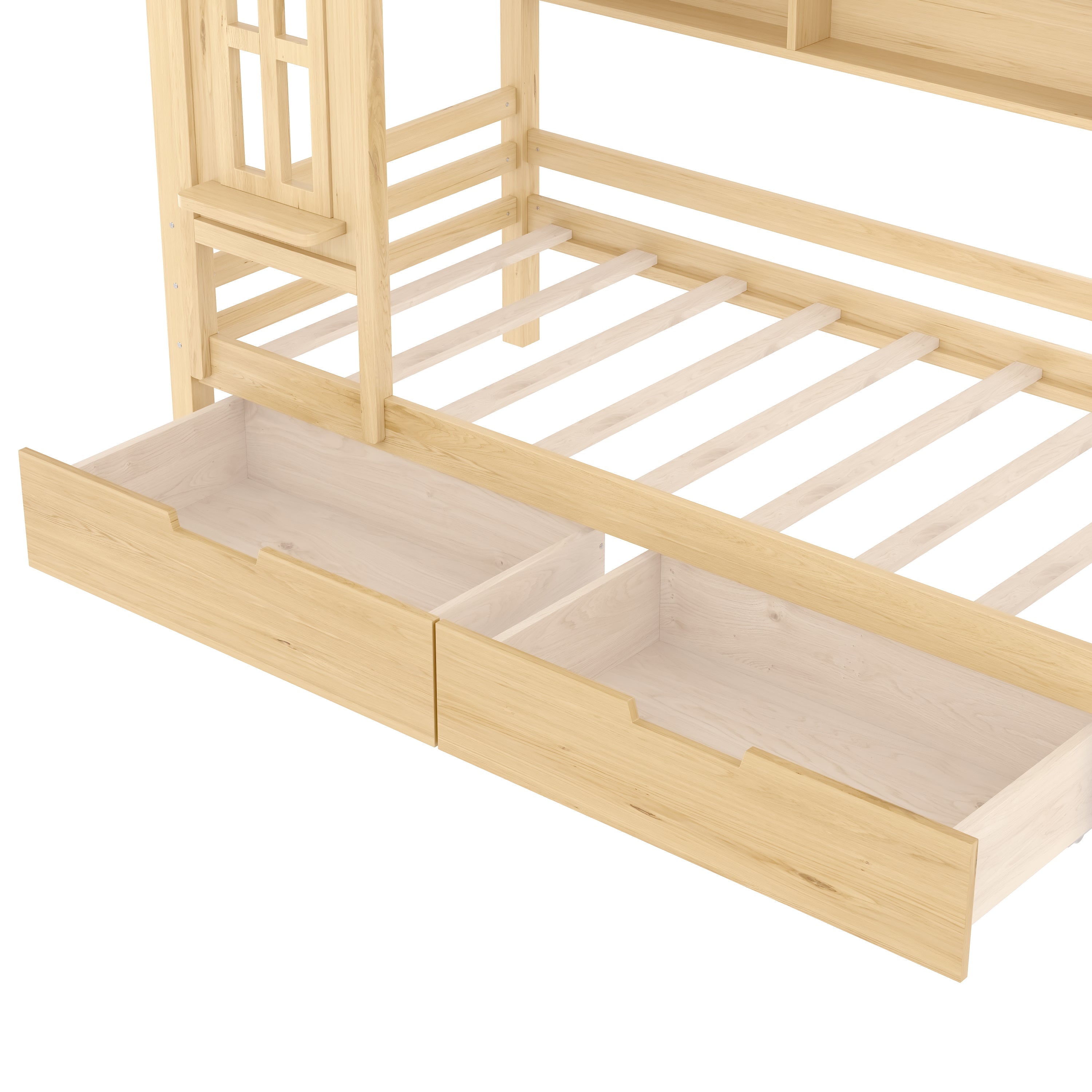 Twin house Beds with Storage Drawers and Window, Solid Wood House Platform Bed Frame with shelves, for Kids, Girls, Boys, No Spring Box Needed and Childlike Design, Natural