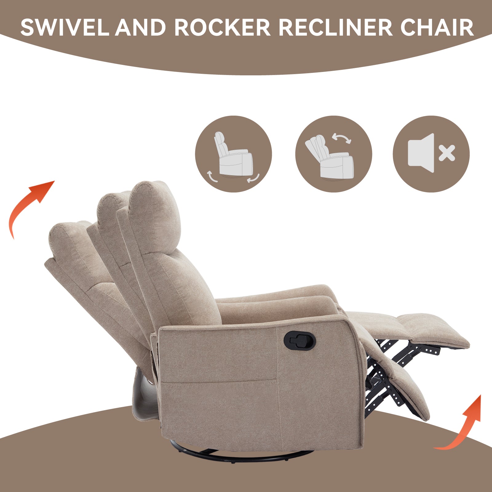 Heat Massage Manual Recliner Chair with Rocker and Swivel in Fabric for Living Room, Khaki
