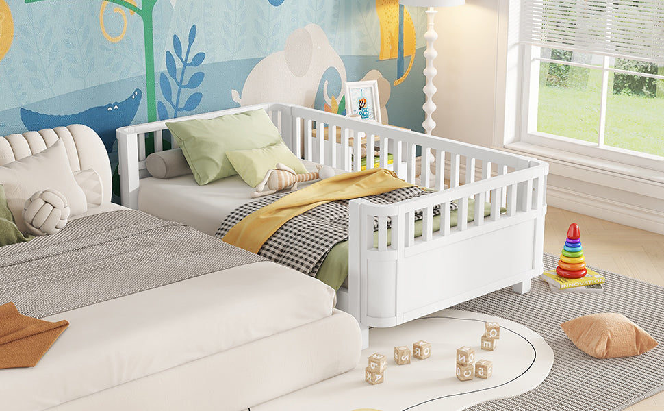 Twin Size Wood Platform Bed for Kids, Wood Low Profile Twin Bed with Rails for Girls and Boys, White (Patented Design)