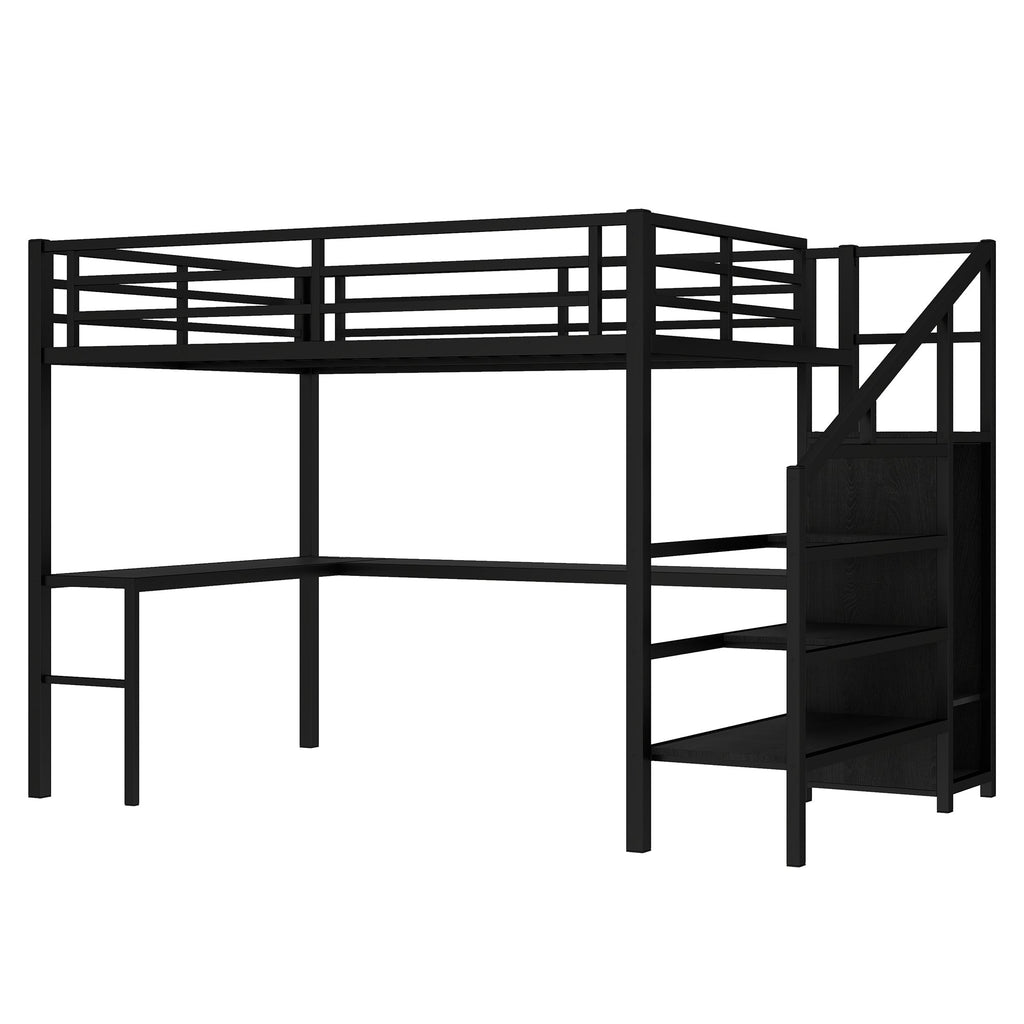 Queen Size Loft Bed with L-shaped Desk and USB, Metal Loft Bed with Wardrobe and Adjustable Shelf, High Loft Bed with LED for Kids Teens Adults, Black