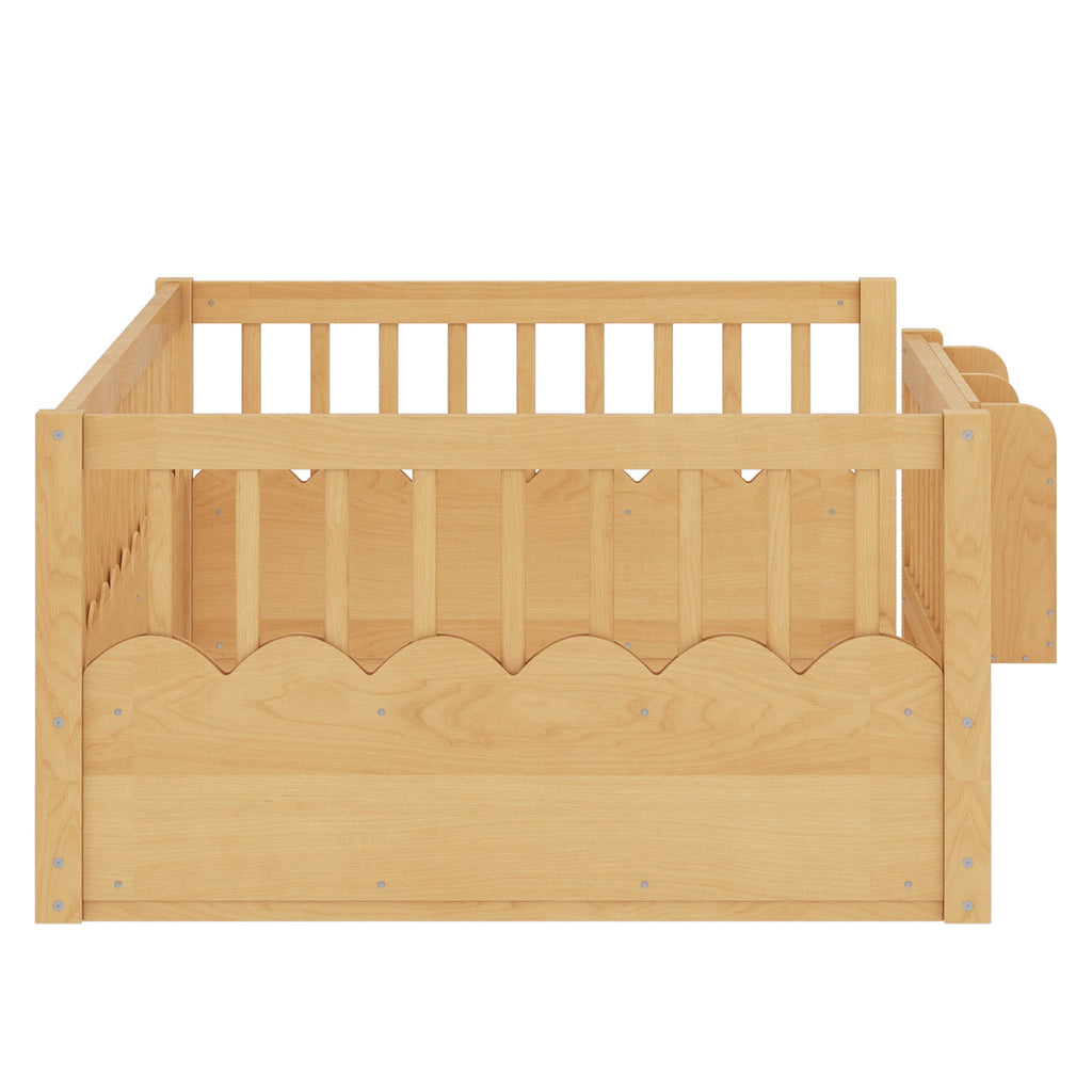 Twin Floor bed with Heightened Fence and bookshelf ,Wood Floor Bed for Kids, Natural.