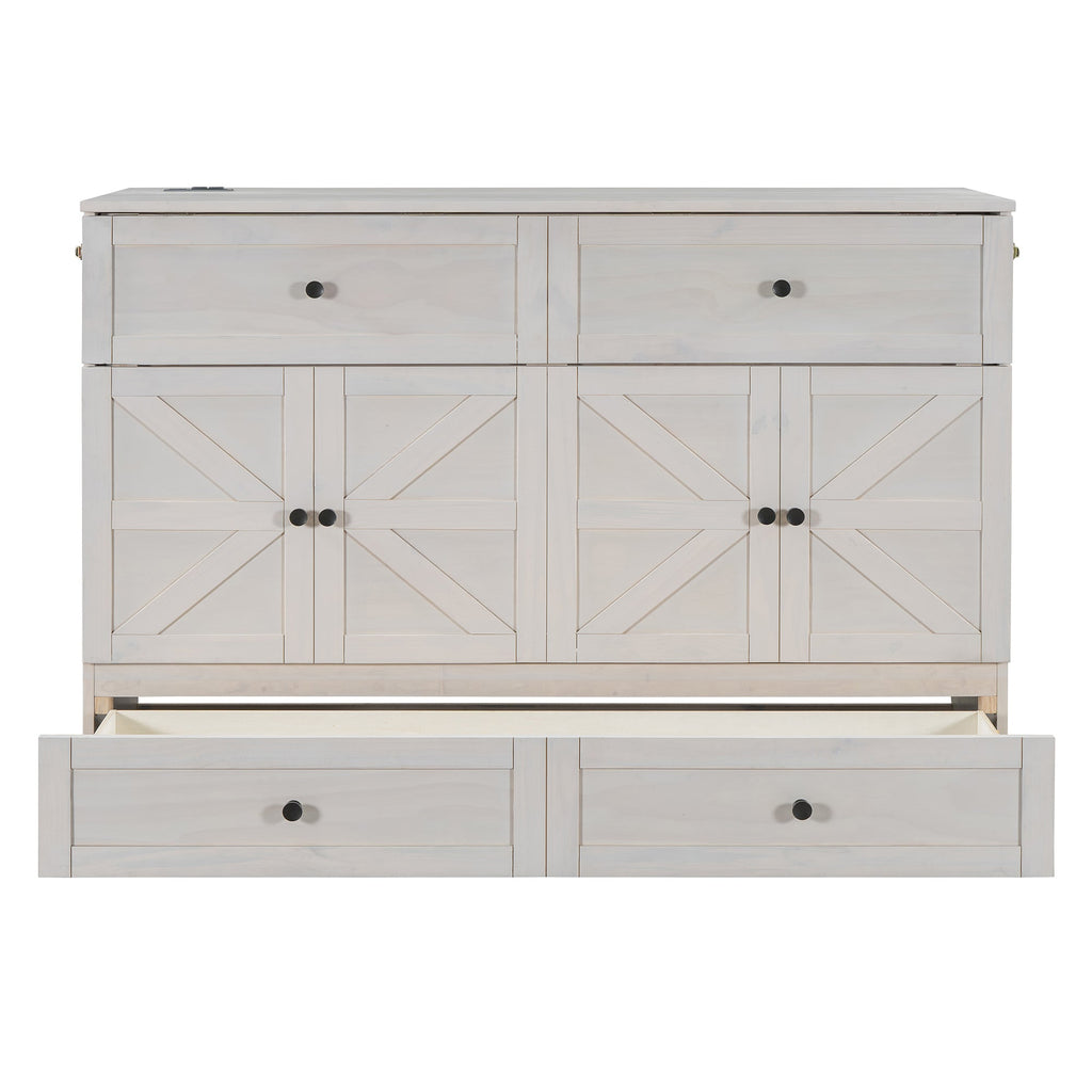 Queen Size Murphy Bed with Large Drawers & USB Ports,Brushed White